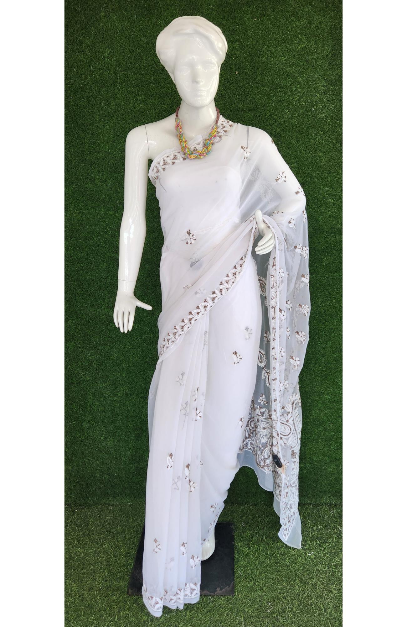 White Faux Georgette Handcrafted Chikankari Saree I Rohia By Chhangamal