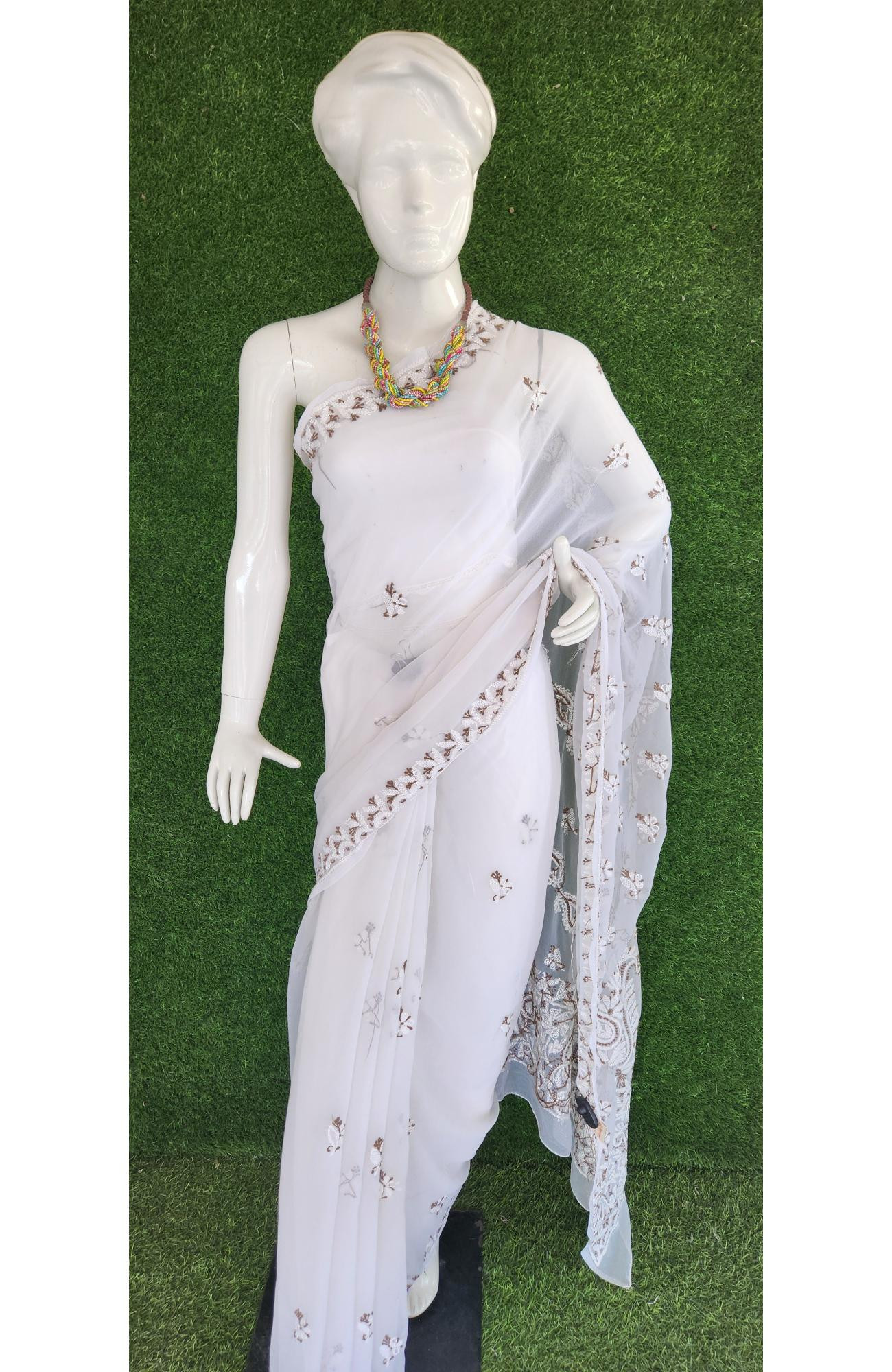 White Faux Georgette Handcrafted Chikankari Saree I Rohia By Chhangamal