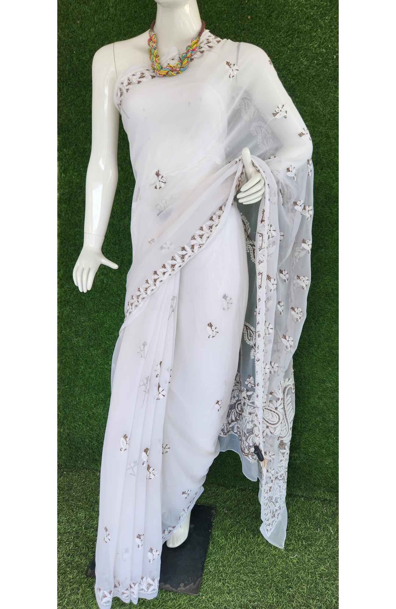 White Faux Georgette Handcrafted Chikankari Saree I Rohia By Chhangamal