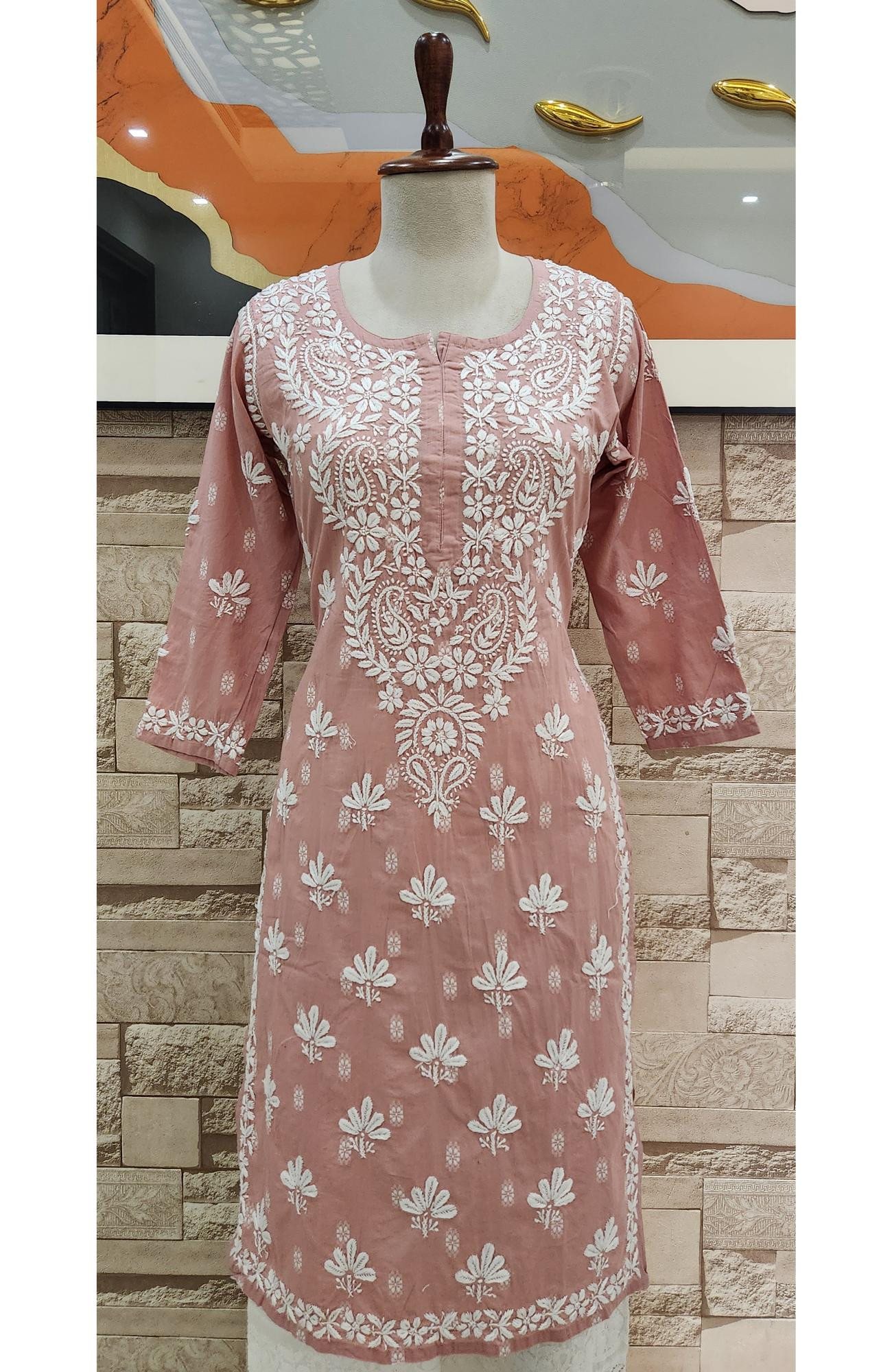 Onion Pink Cotton Hand Embroidered Lucknowi Chikankari Kurti  Rohia By Chhangamal