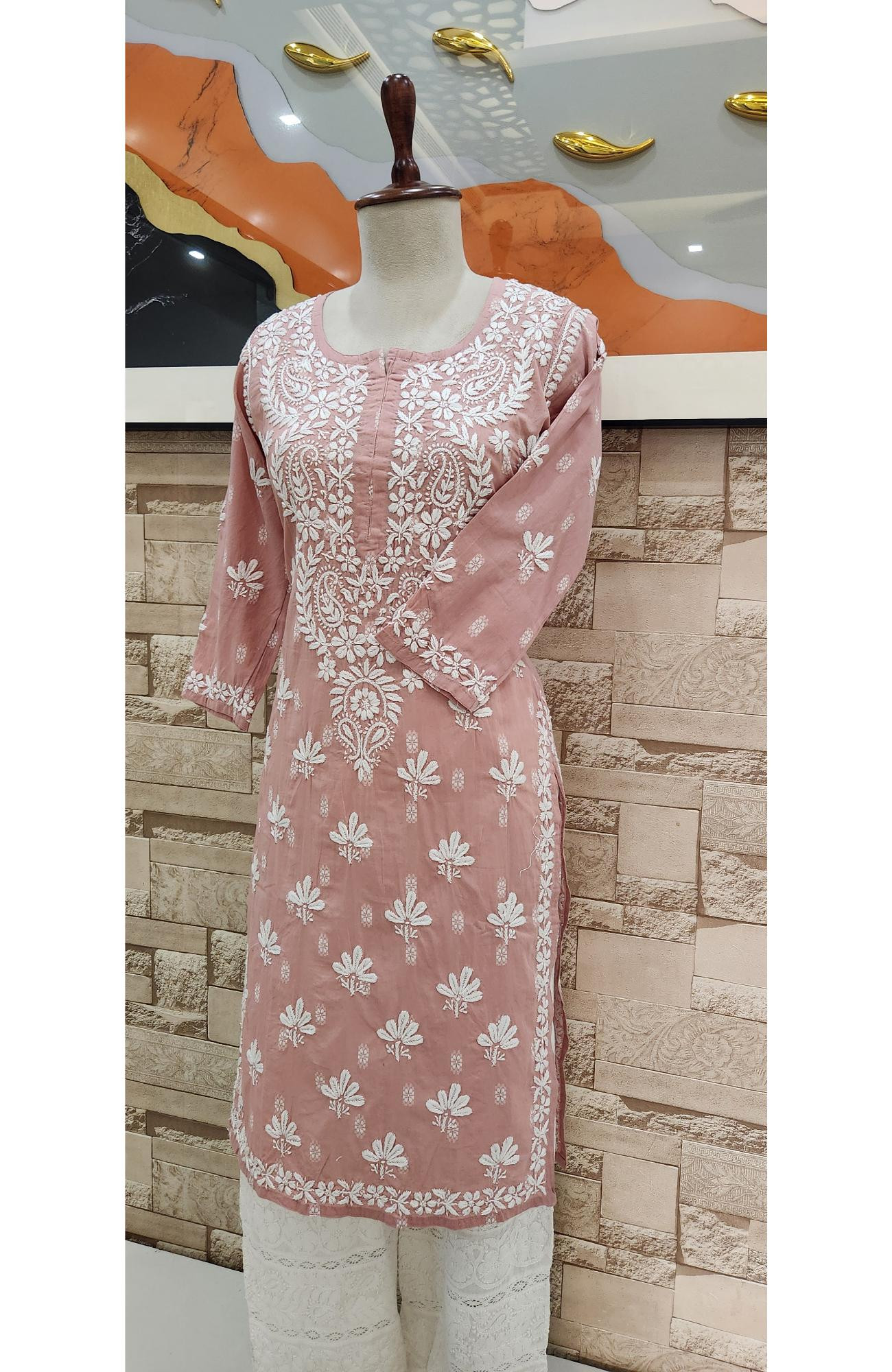 Onion Pink Cotton Hand Embroidered Lucknowi Chikankari Kurti  Rohia By Chhangamal