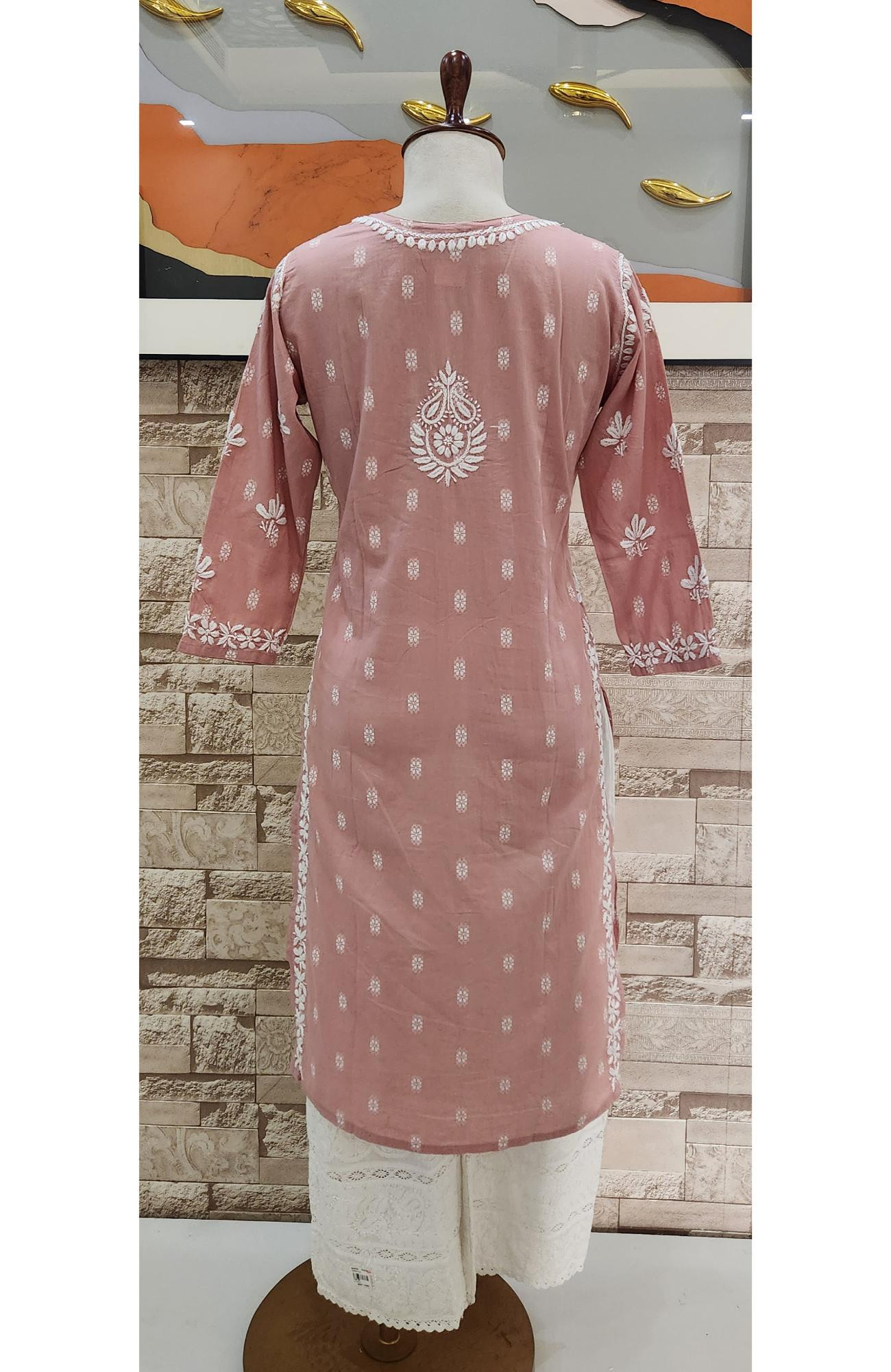 Onion Pink Cotton Hand Embroidered Lucknowi Chikankari Kurti  Rohia By Chhangamal