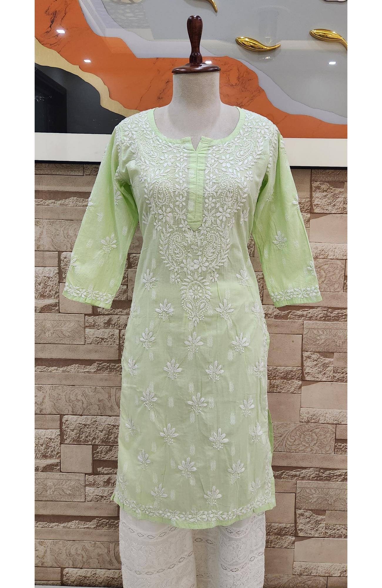 Green Cotton Hand Embroidered Chikankari Kurti  Rohia By Chhangamal