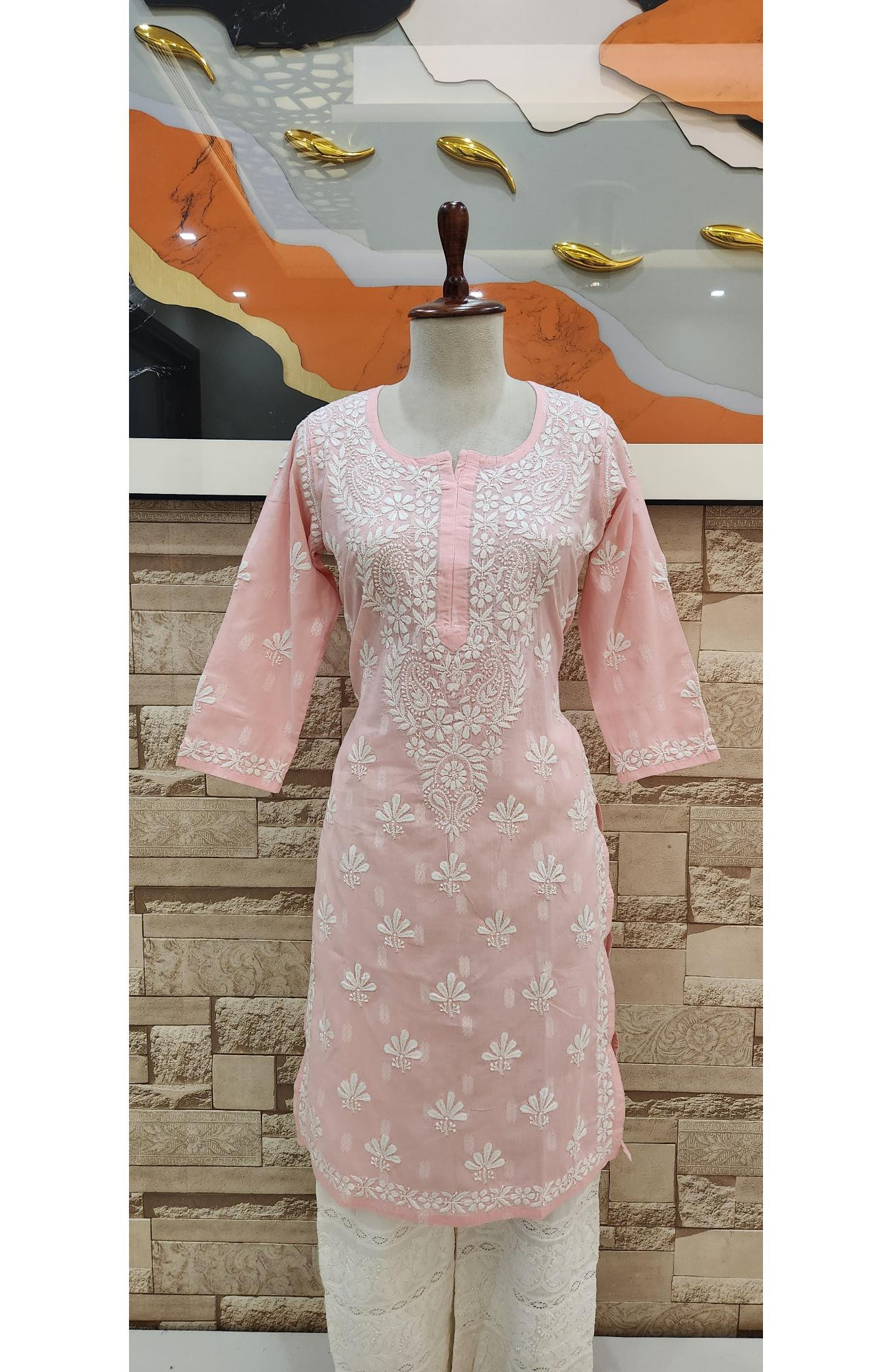 Pink Cotton Hand Embroidered Lucknowi Chikankari Kurti  Rohia By Chhangamal