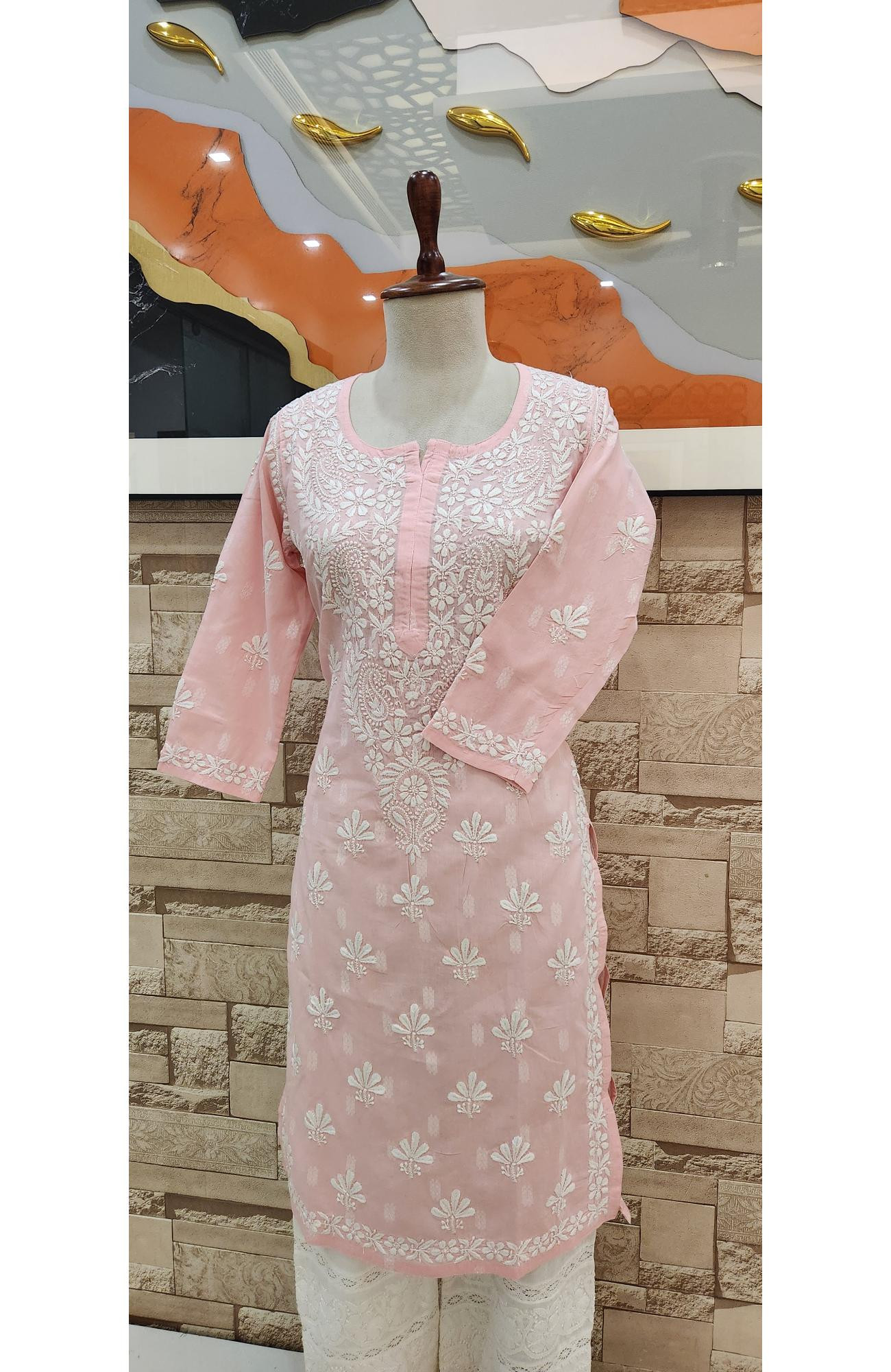Pink Cotton Hand Embroidered Lucknowi Chikankari Kurti  Rohia By Chhangamal
