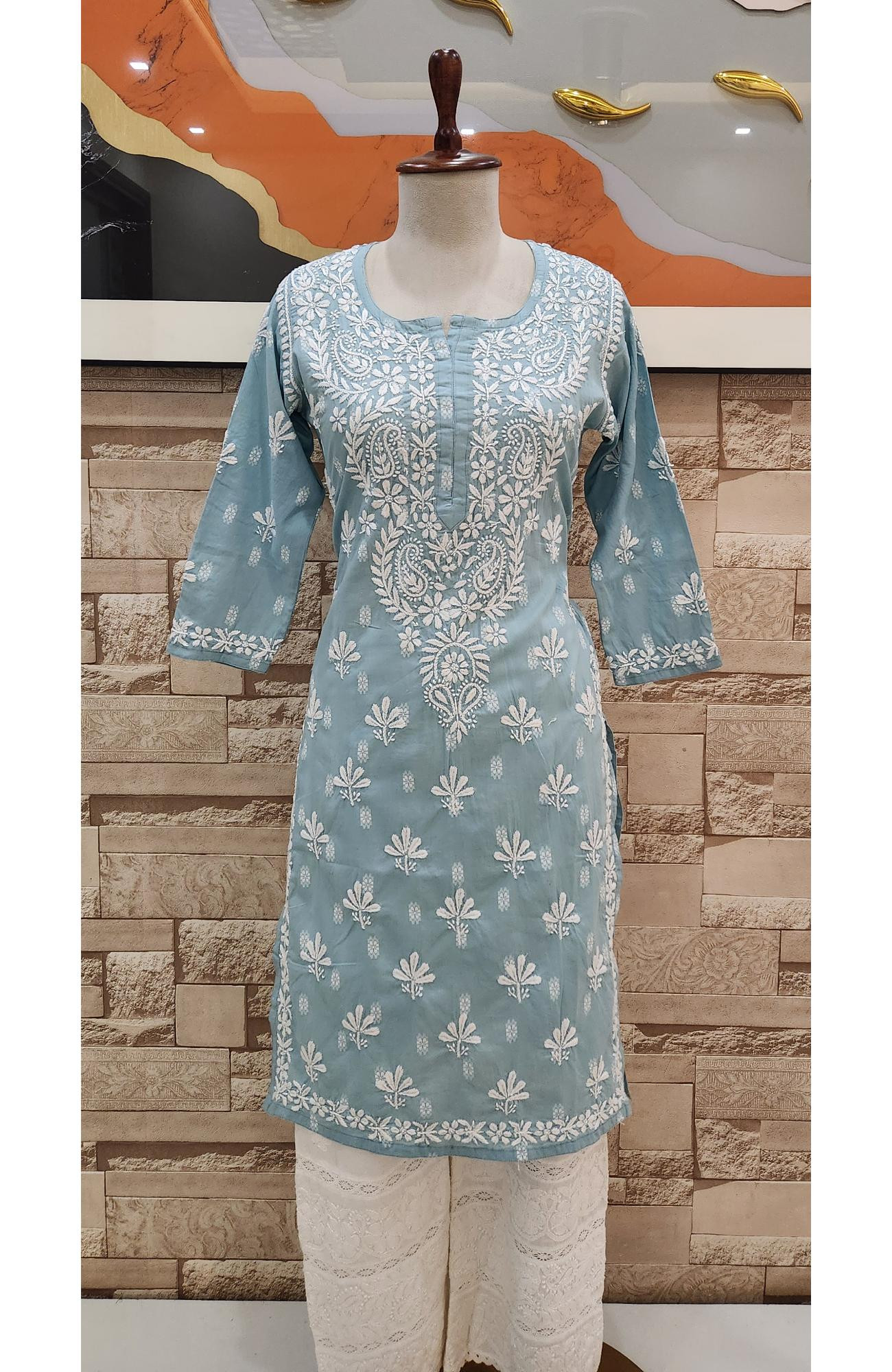 Grey Cotton Hand Embroidered Lucknowi Chikankari Kurti  Rohia By Chhangamal