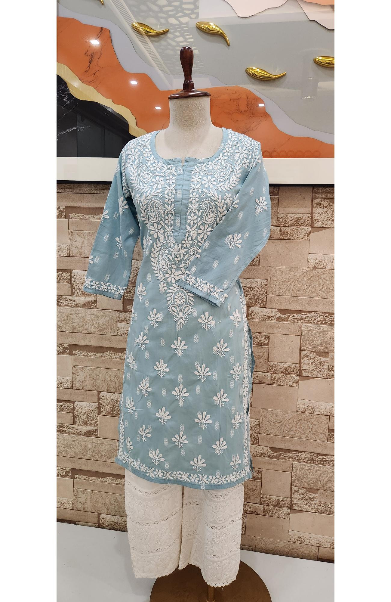 Grey Cotton Hand Embroidered Lucknowi Chikankari Kurti  Rohia By Chhangamal