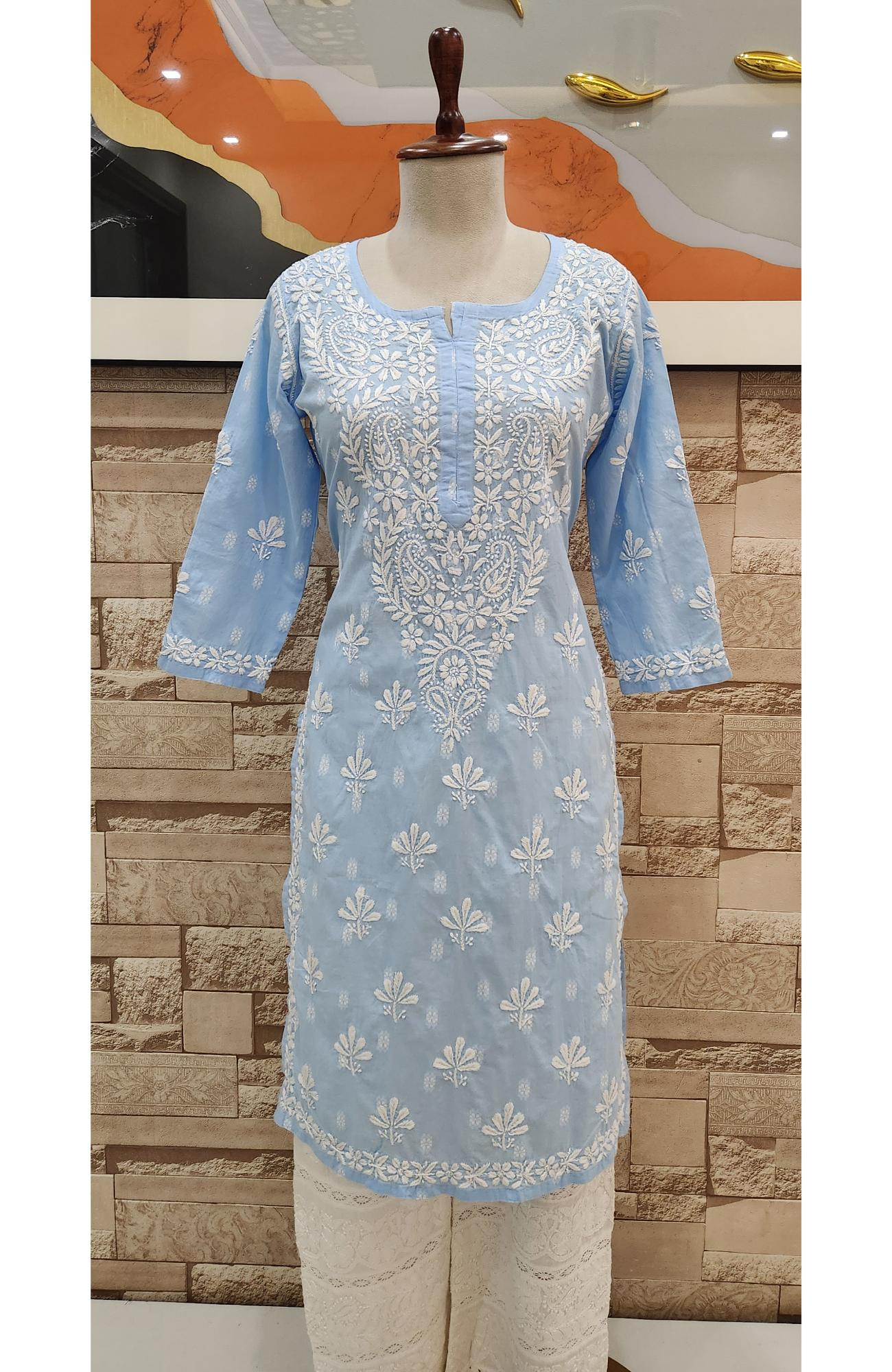 Sky Blue Cotton Hand Embroidered Lucknowi Chikankari Kurti  Rohia by Chhangamal