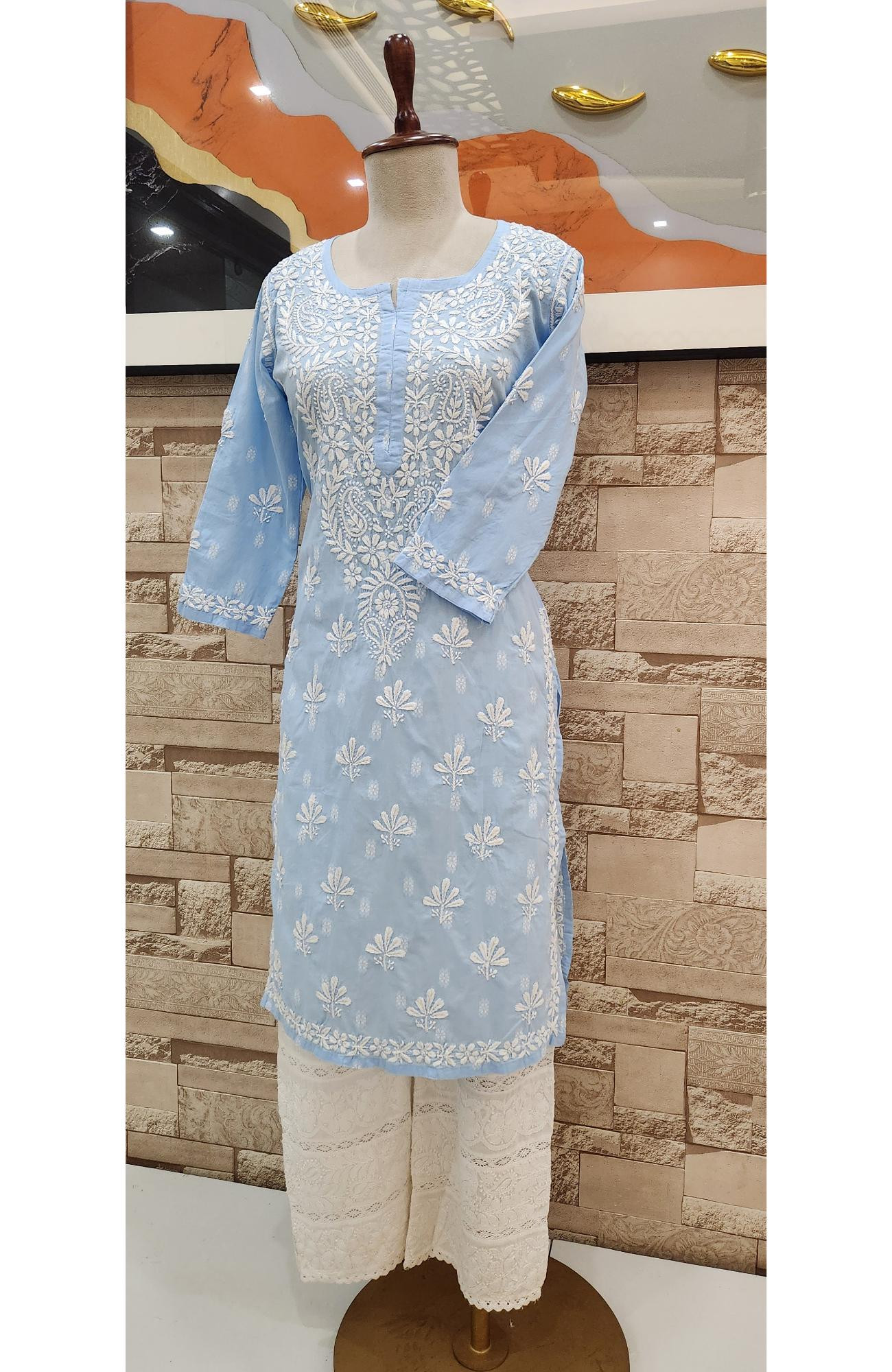 Sky Blue Cotton Hand Embroidered Lucknowi Chikankari Kurti  Rohia by Chhangamal