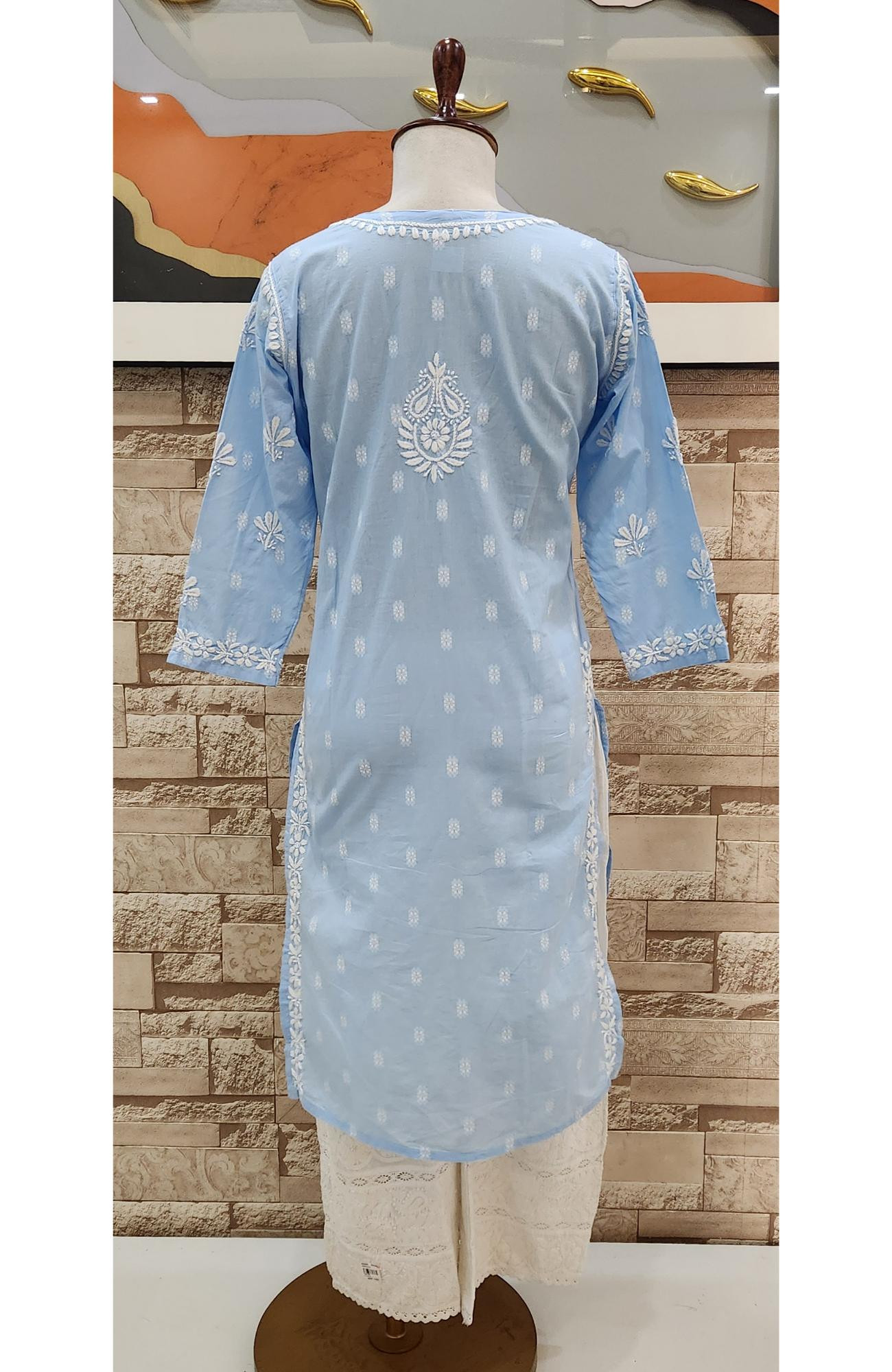 Sky Blue Cotton Hand Embroidered Lucknowi Chikankari Kurti  Rohia by Chhangamal