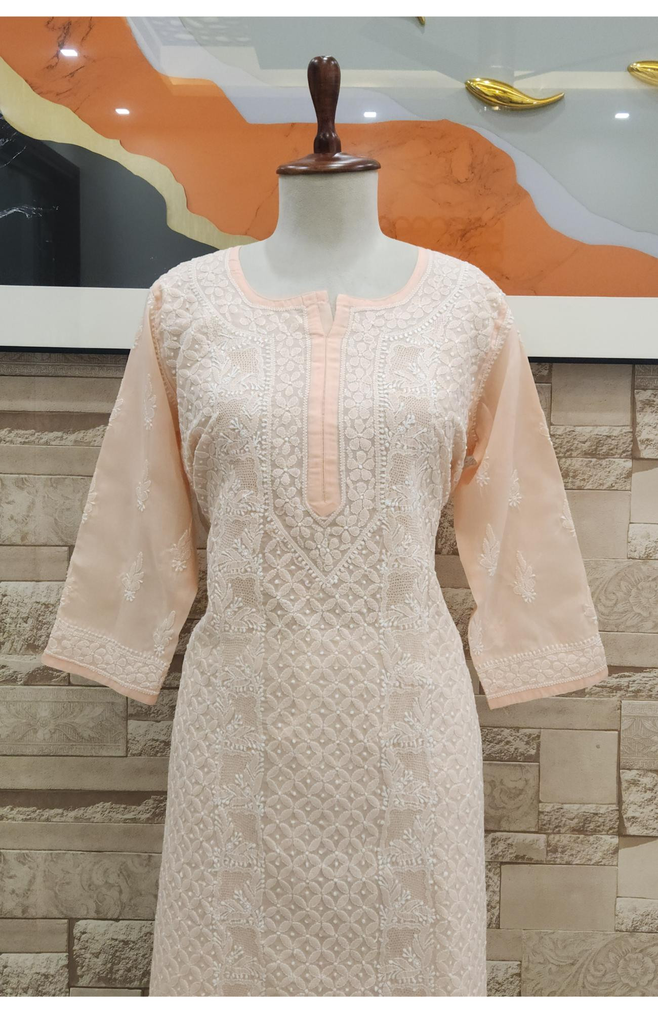 Peach Pink Cotton  Hand Embroidered Chikankari Kurti