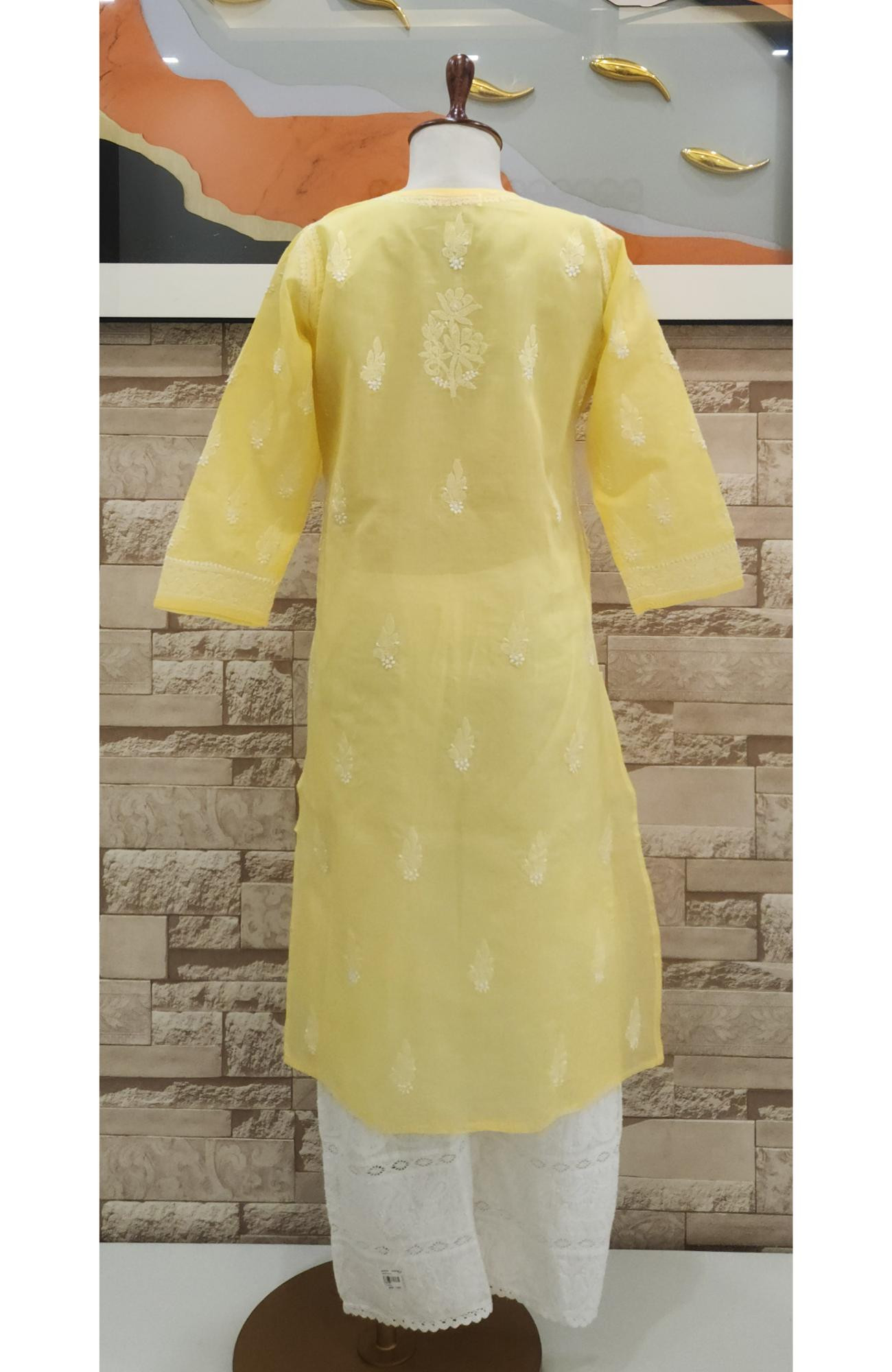 Yellow Cotton  Hand Embroidered Chikankari Kurti