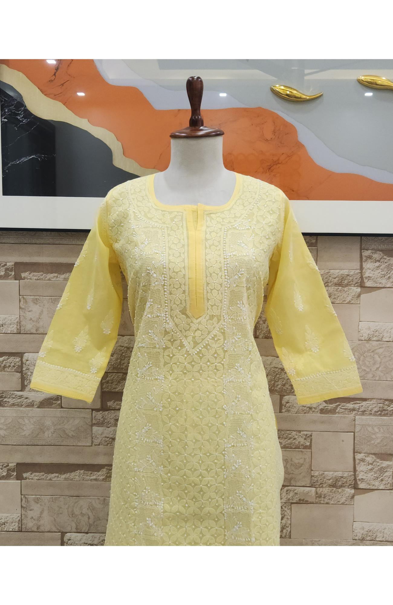 Yellow Cotton  Hand Embroidered Chikankari Kurti