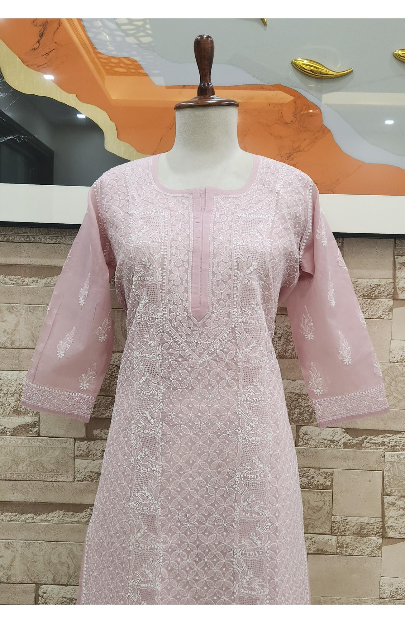 Onion Pink Cotton  Hand Embroidered Chikankari Kurti