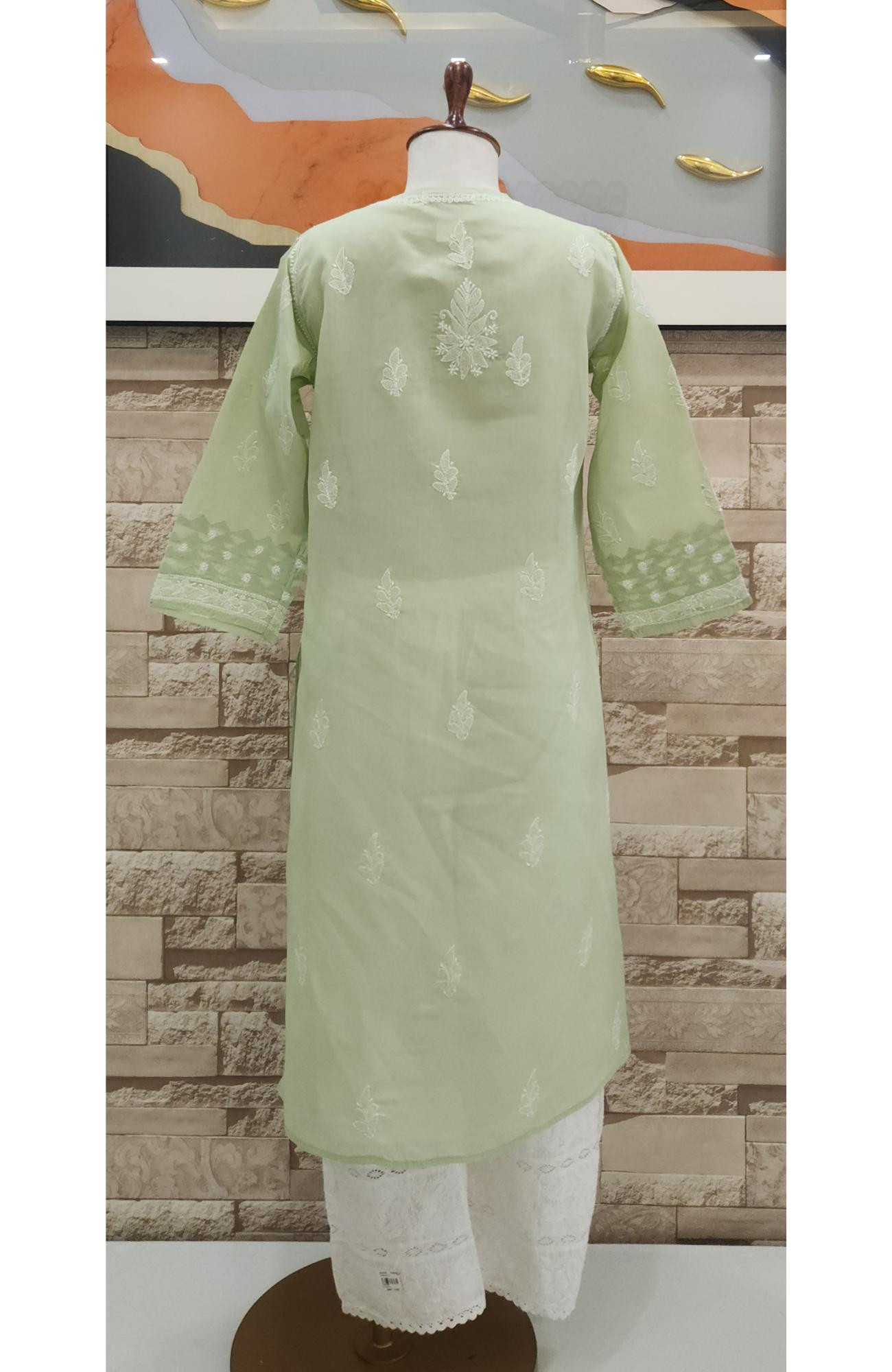 Pista Green Cotton  Hand Embroidered Chikankari Kurti