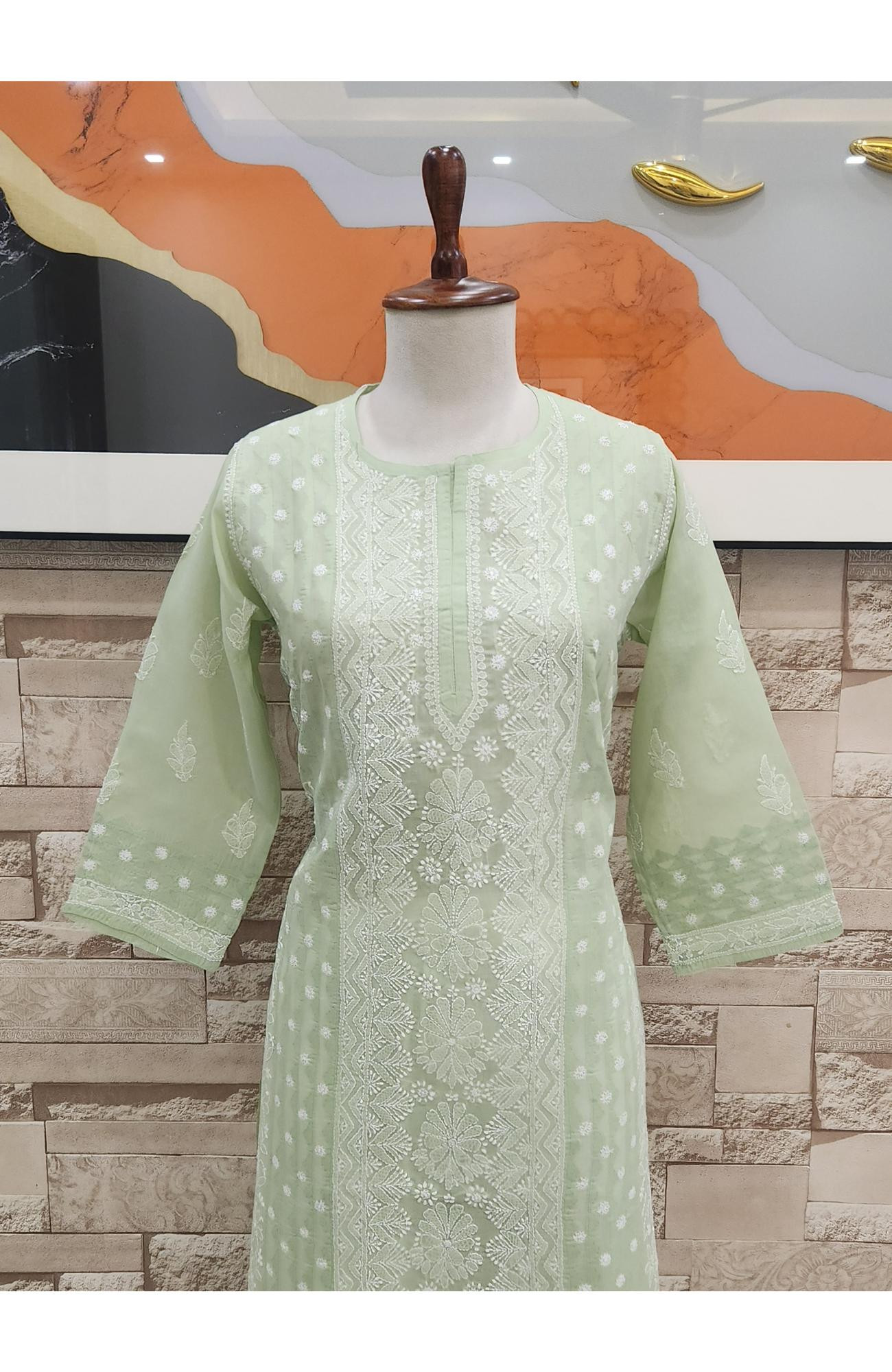Pista Green Cotton  Hand Embroidered Chikankari Kurti