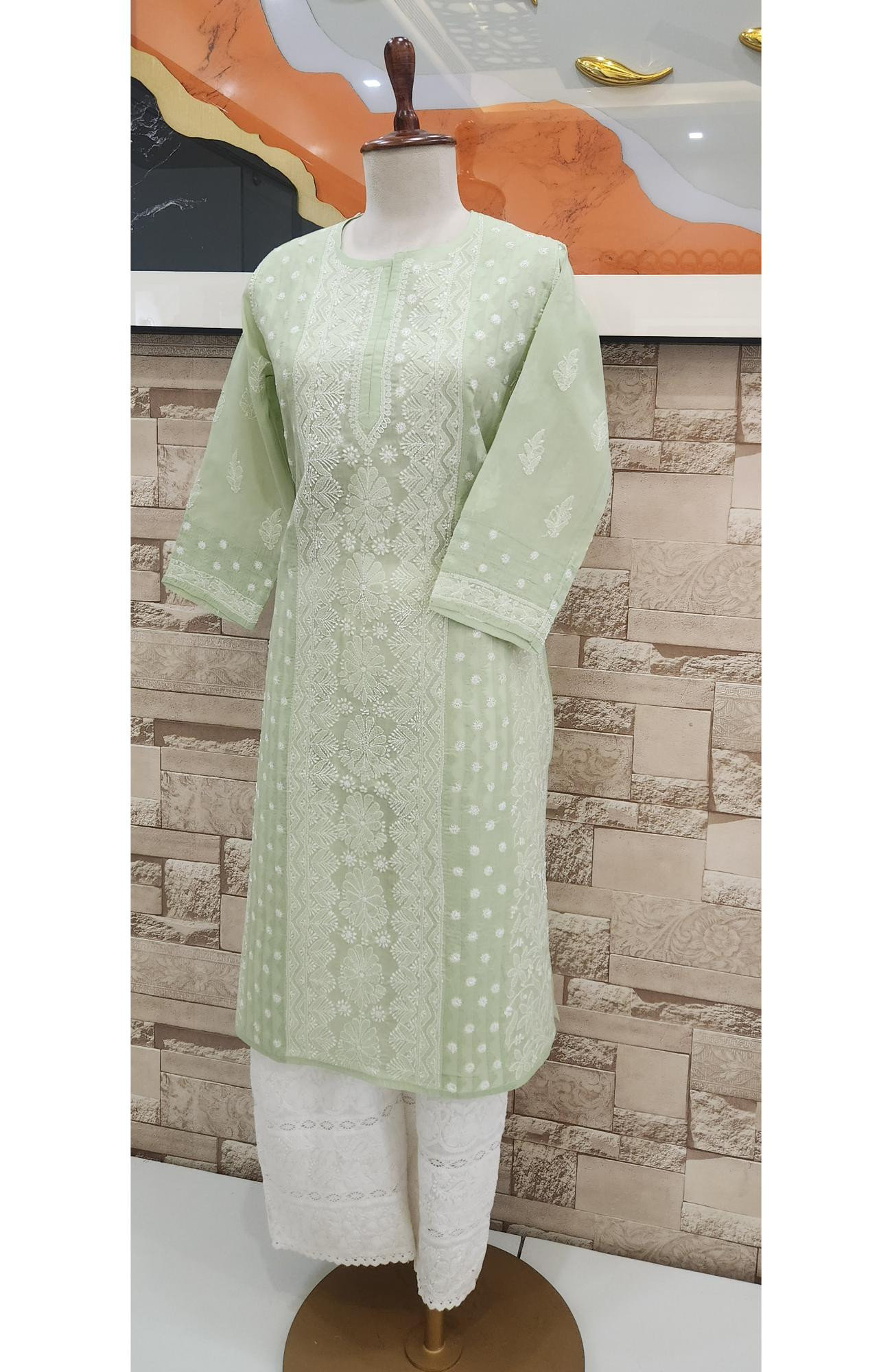 Pista Green Cotton  Hand Embroidered Chikankari Kurti