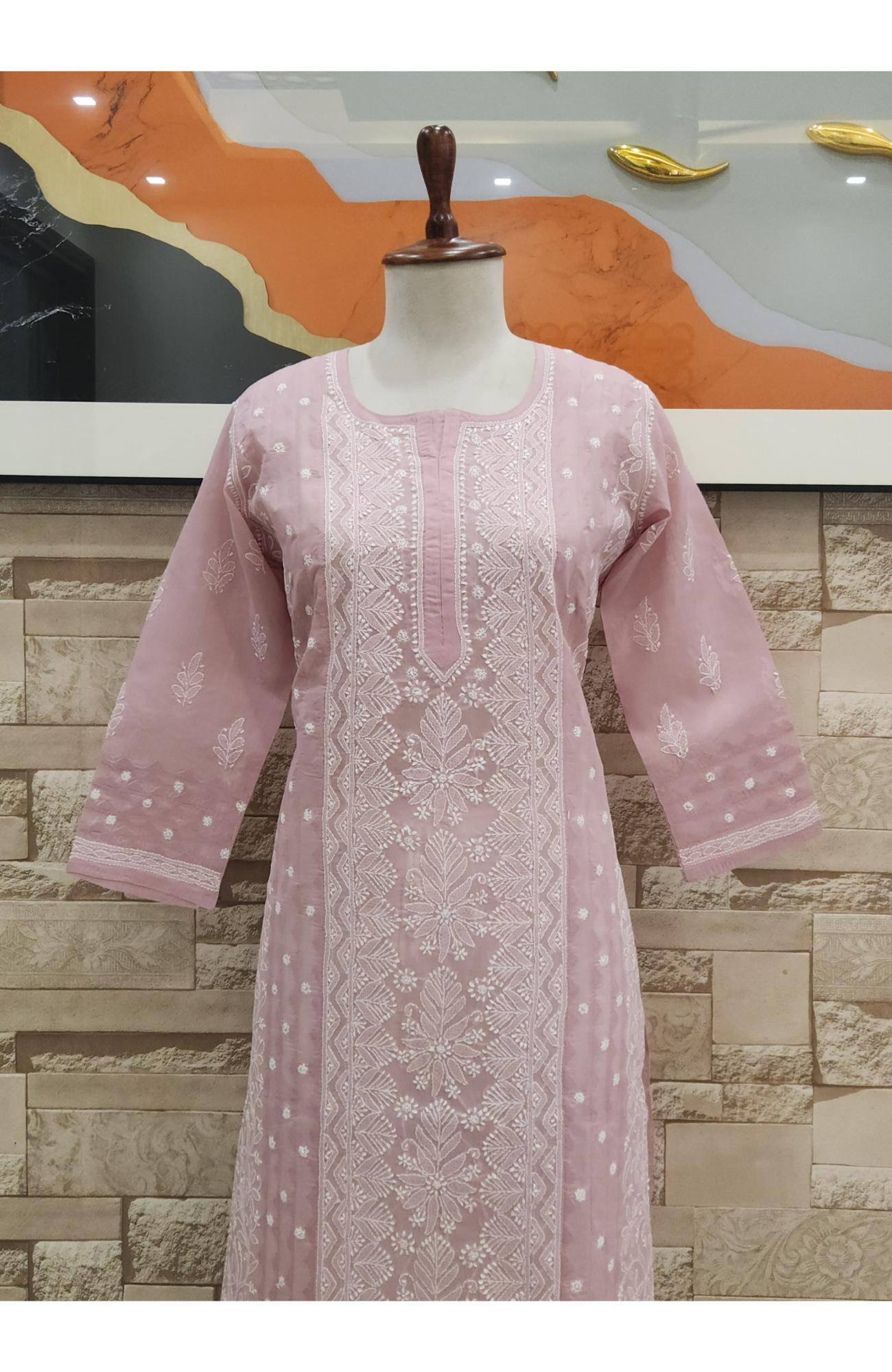 Onion Pink Cotton  Hand Embroidered Chikankari Kurti I Rohia By Chhangamal