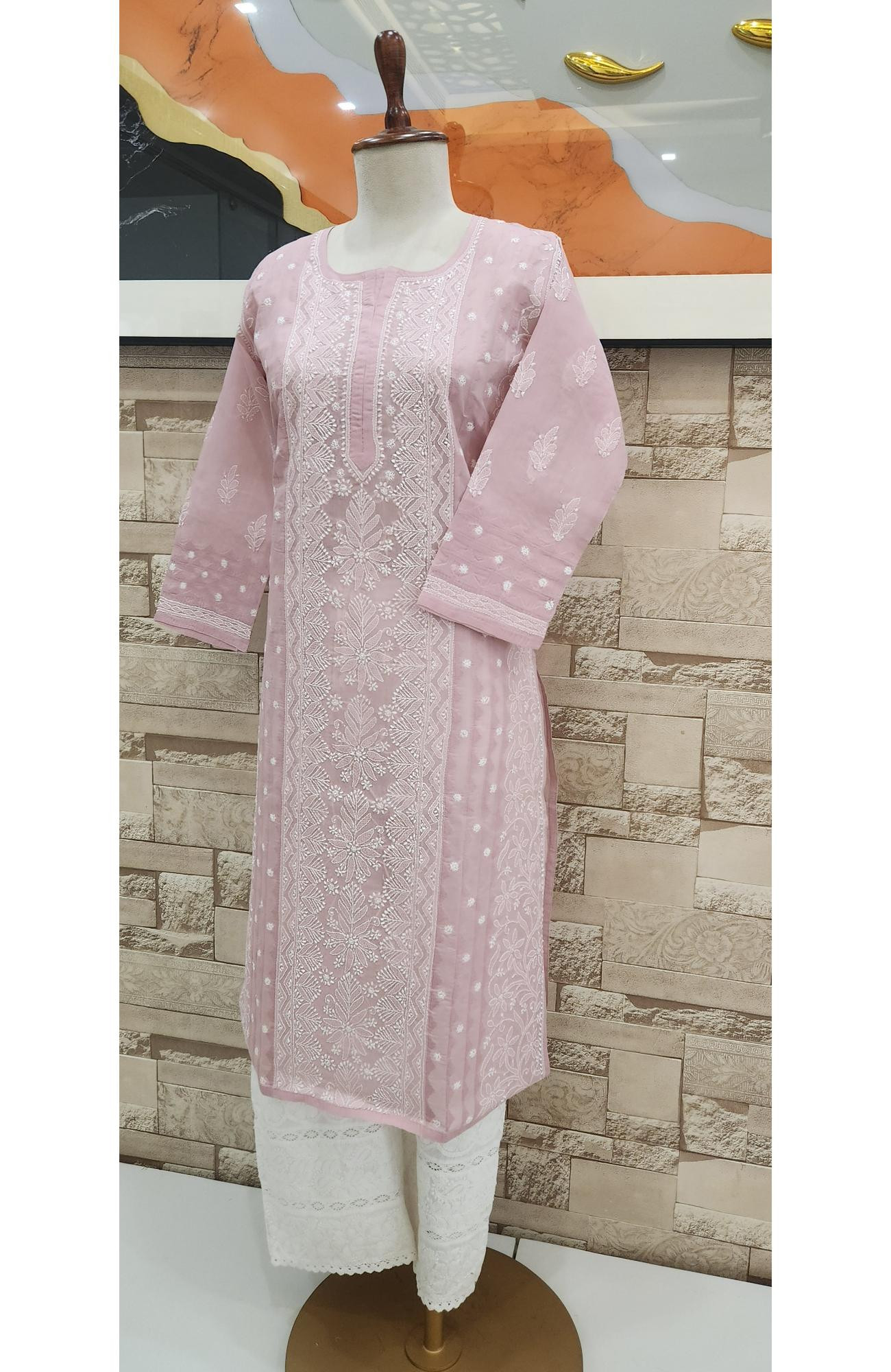 Onion Pink Cotton  Hand Embroidered Chikankari Kurti I Rohia By Chhangamal
