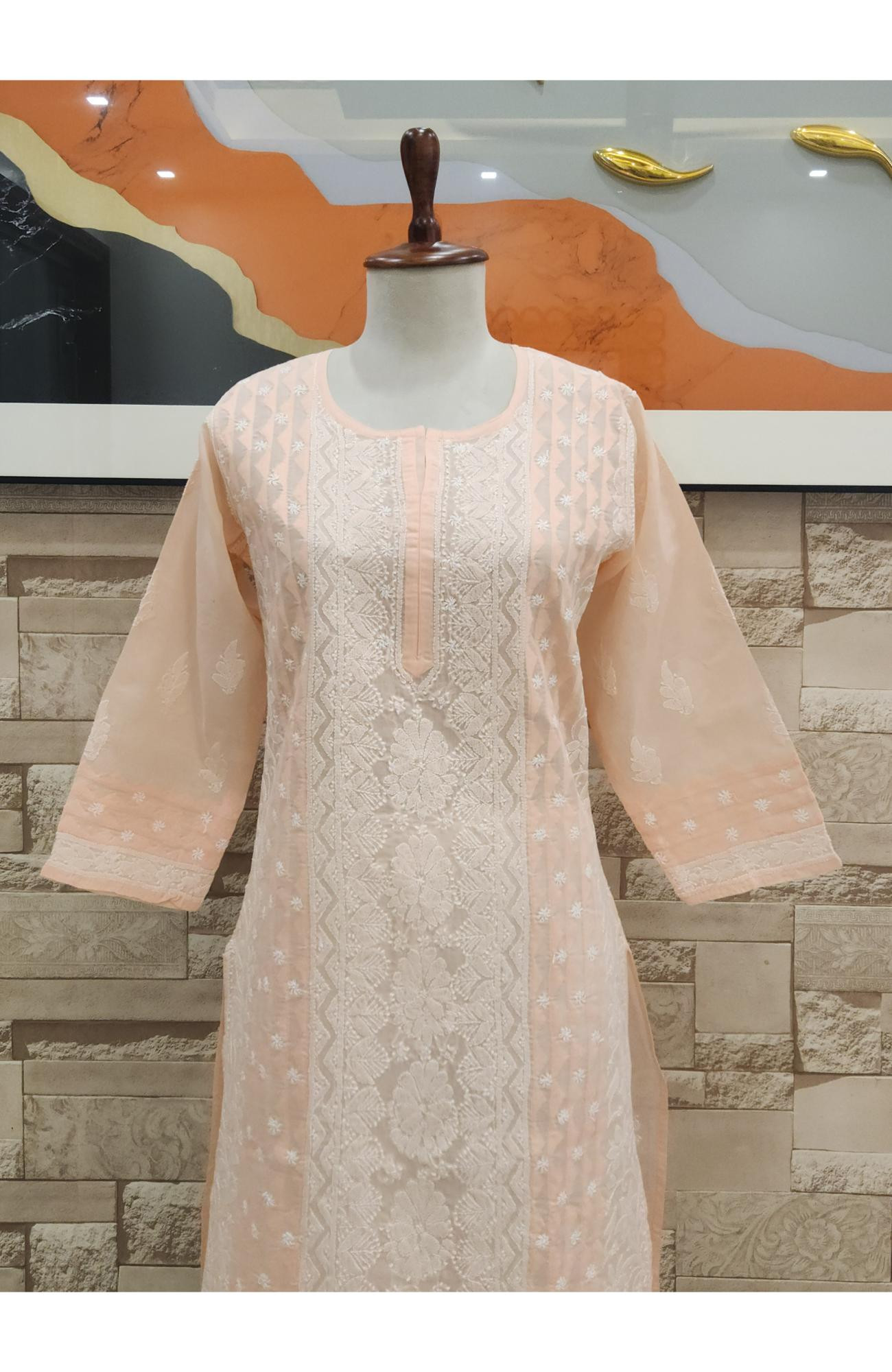 Peach Pink Cotton  Hand Embroidered Chikankari Kurti I Rohia By Chhangamal