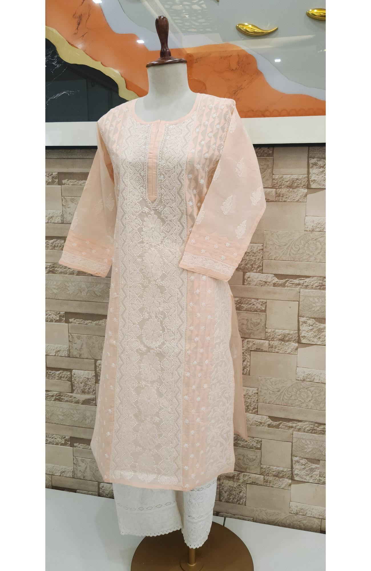 Peach Pink Cotton  Hand Embroidered Chikankari Kurti I Rohia By Chhangamal