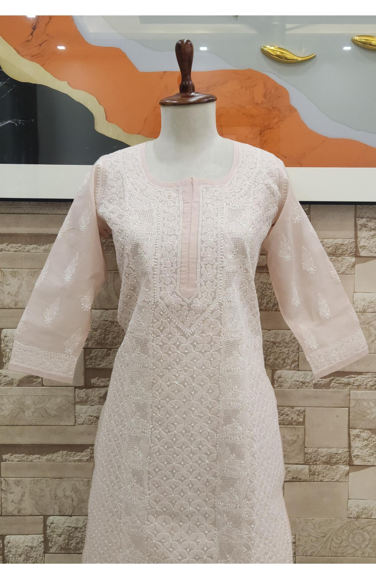 Fawn  Cotton  Hand Embroidered Chikankari Kurti
