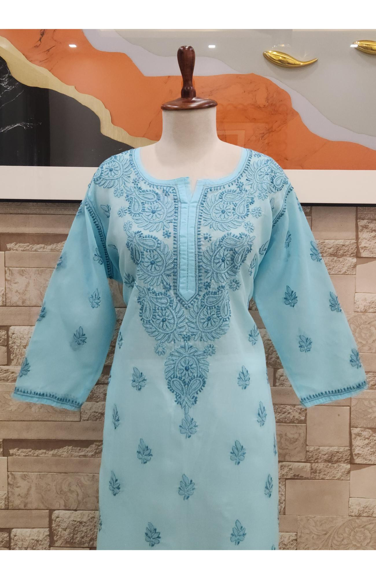 Light Blue Cotton  Hand Embroidered Chikankari Kurti