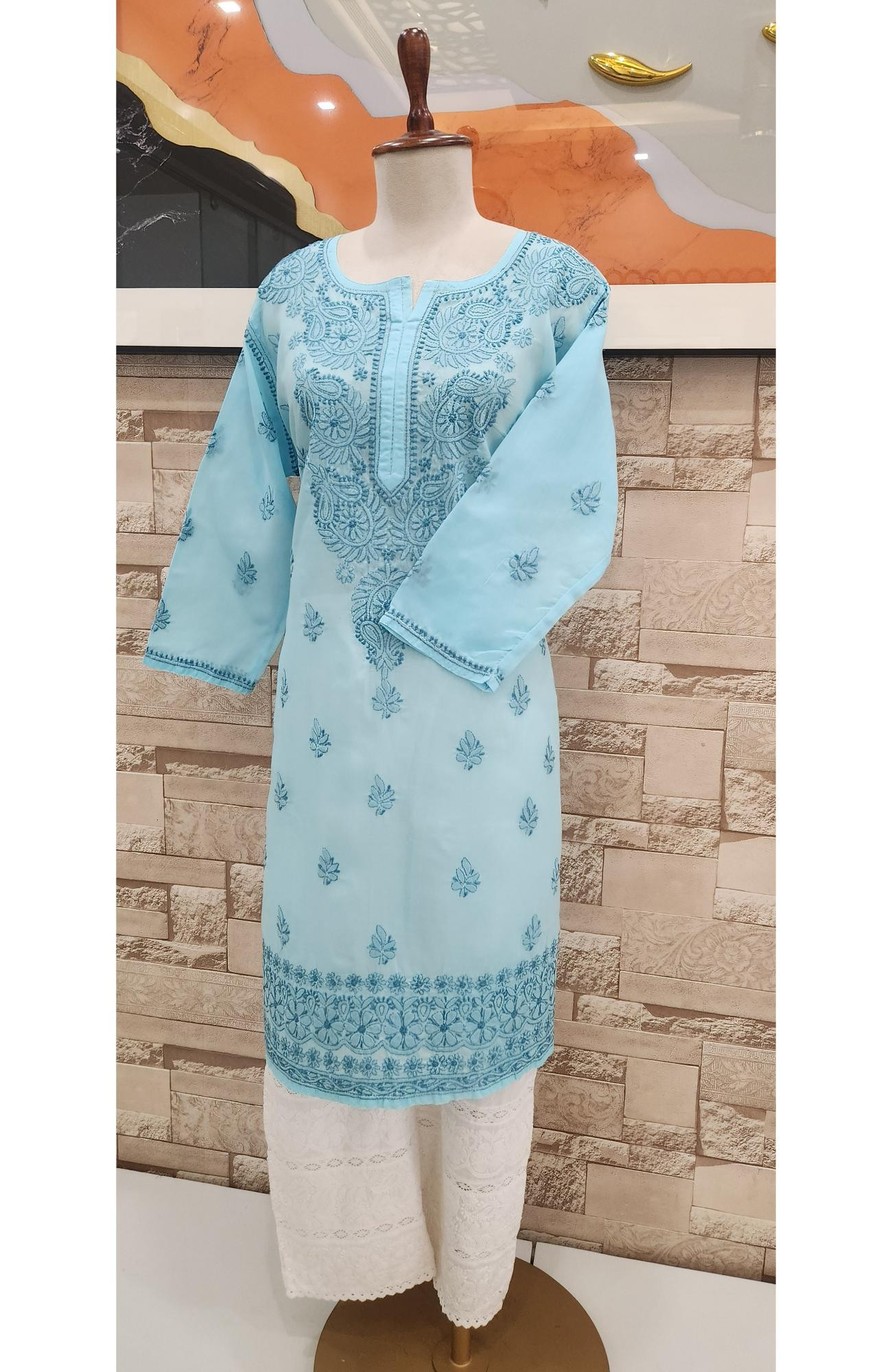 Light Blue Cotton  Hand Embroidered Chikankari Kurti