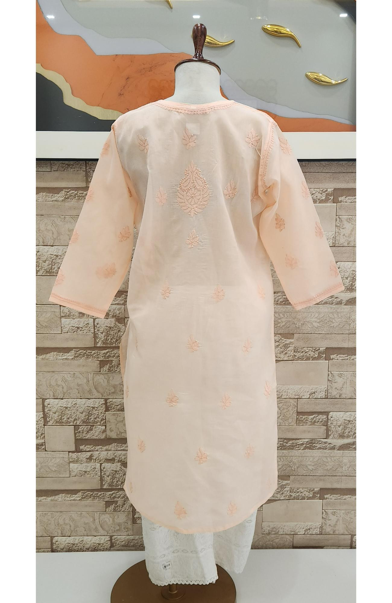 Peach Pink Cotton  Hand Embroidered Chikankari Kurti