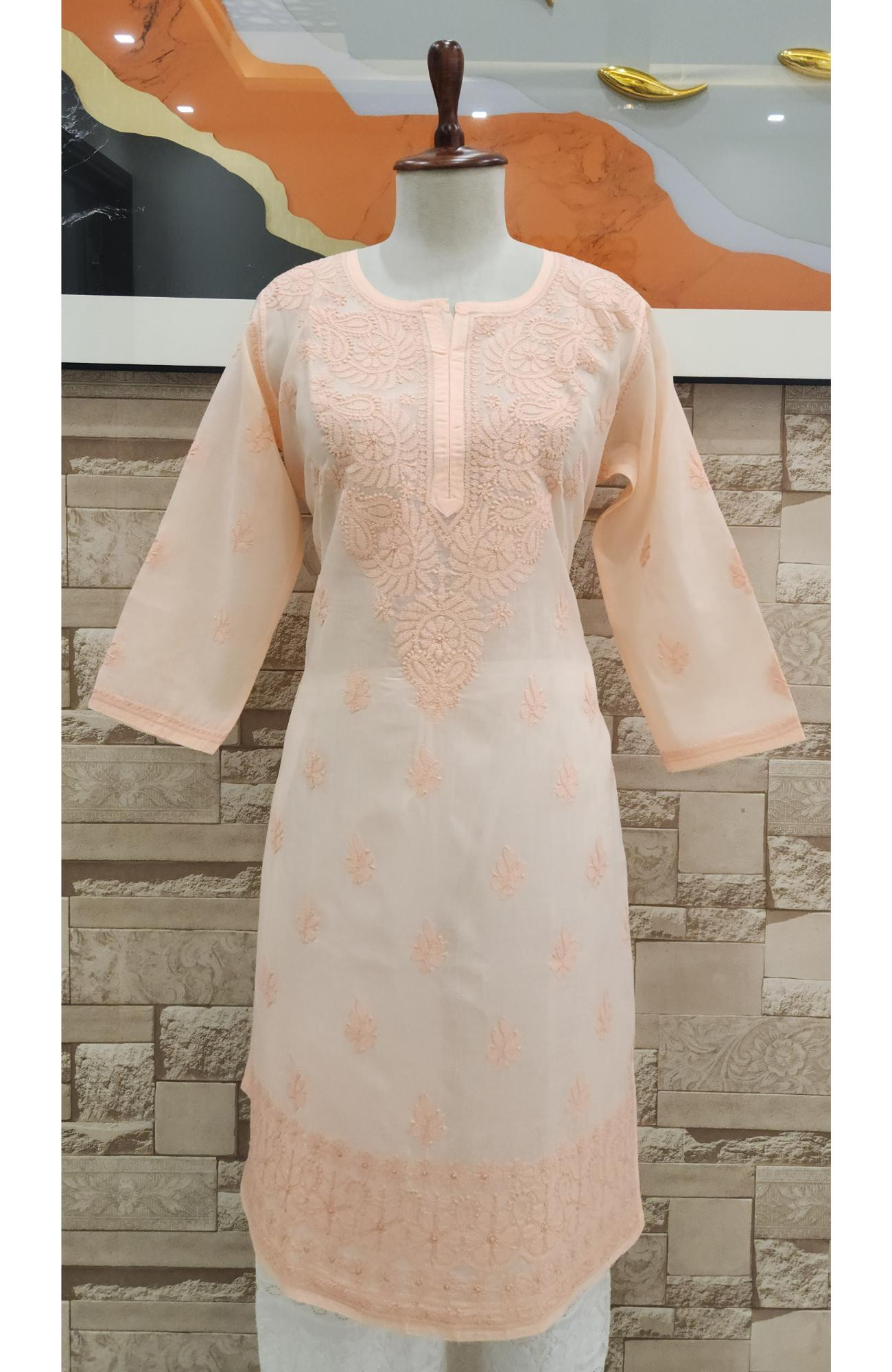 Peach Pink Cotton  Hand Embroidered Chikankari Kurti