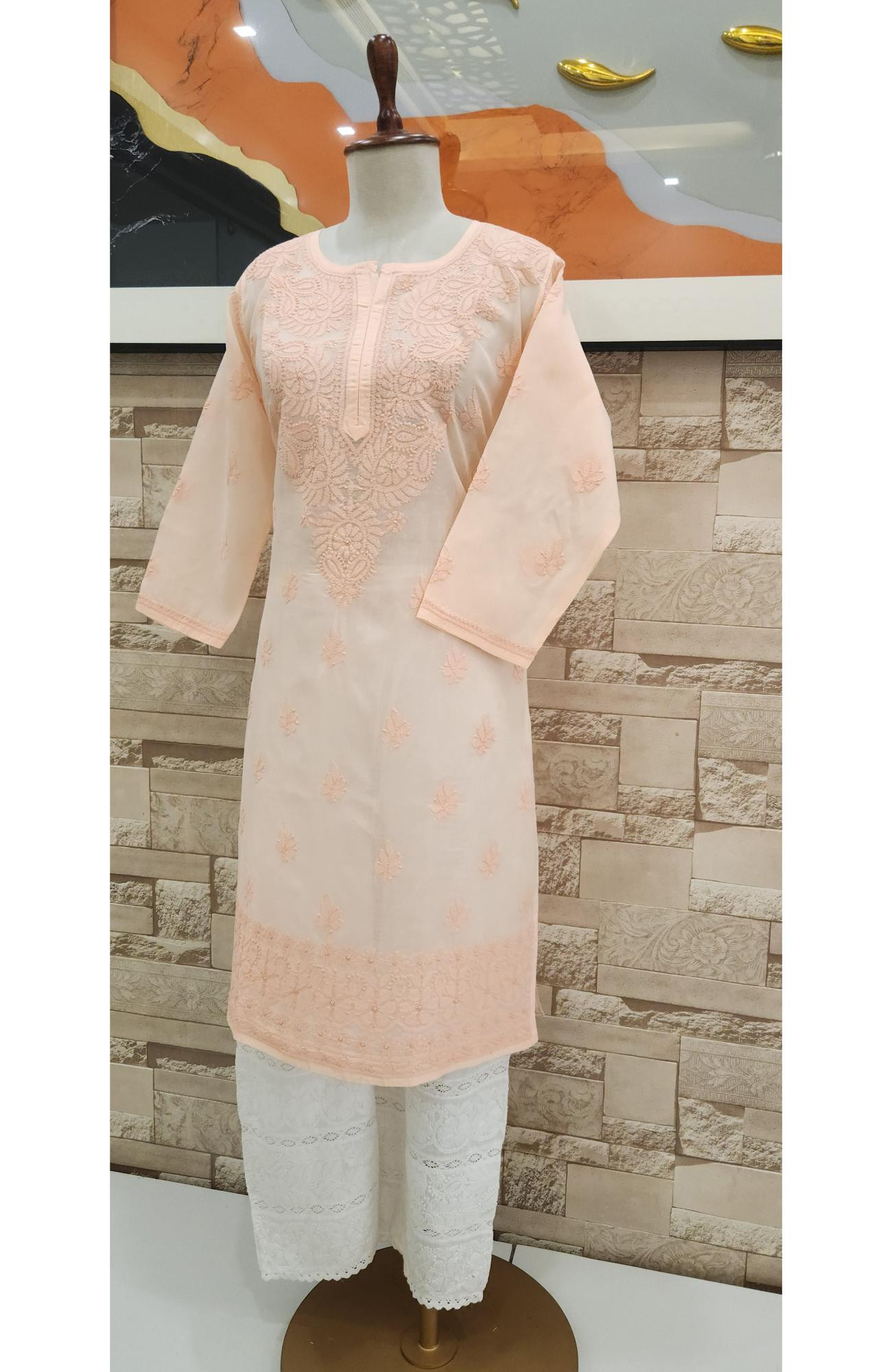 Peach Pink Cotton  Hand Embroidered Chikankari Kurti