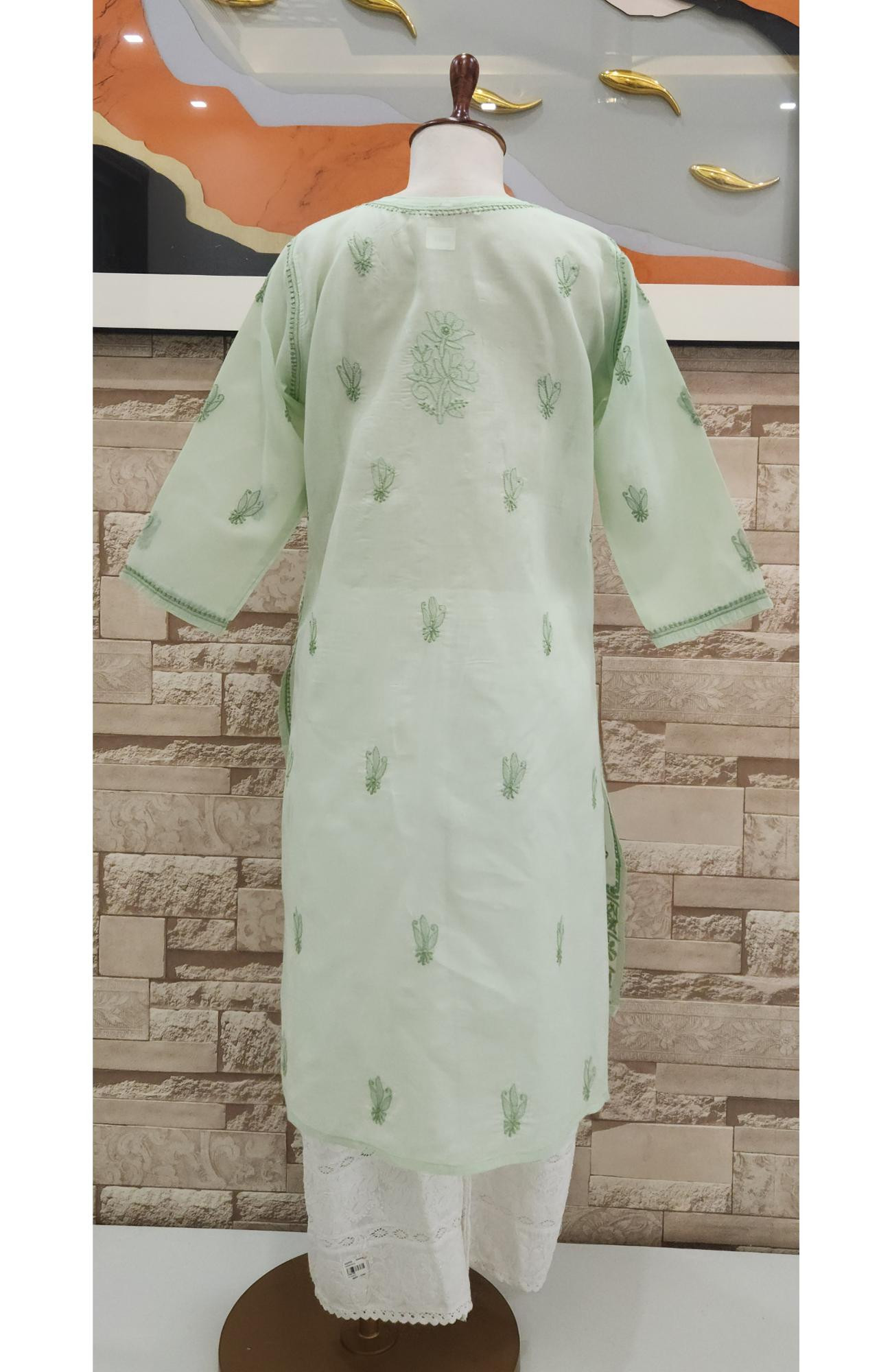 Light Pista  Cotton  Hand Embroidered Chikankari Kurti