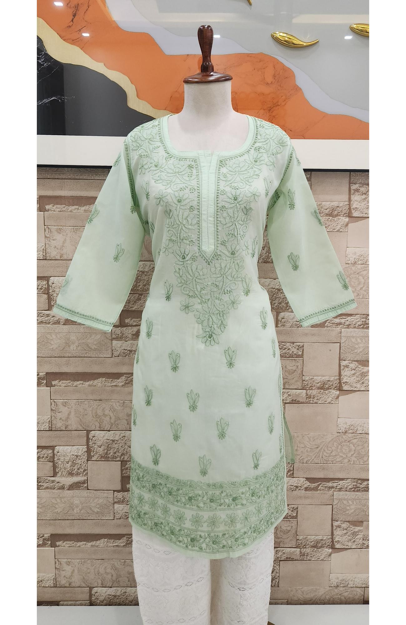 Light Pista  Cotton  Hand Embroidered Chikankari Kurti