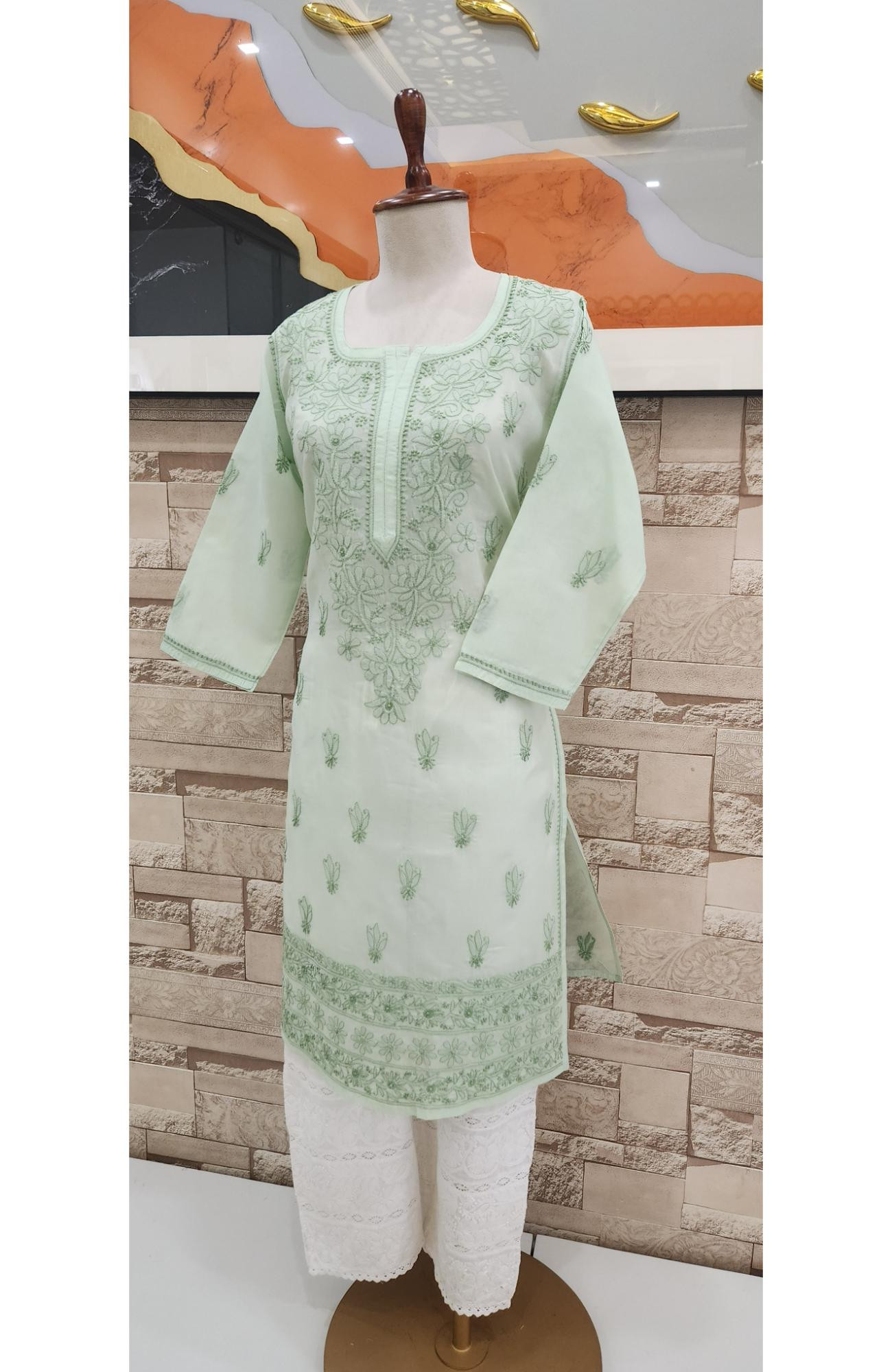 Light Pista  Cotton  Hand Embroidered Chikankari Kurti