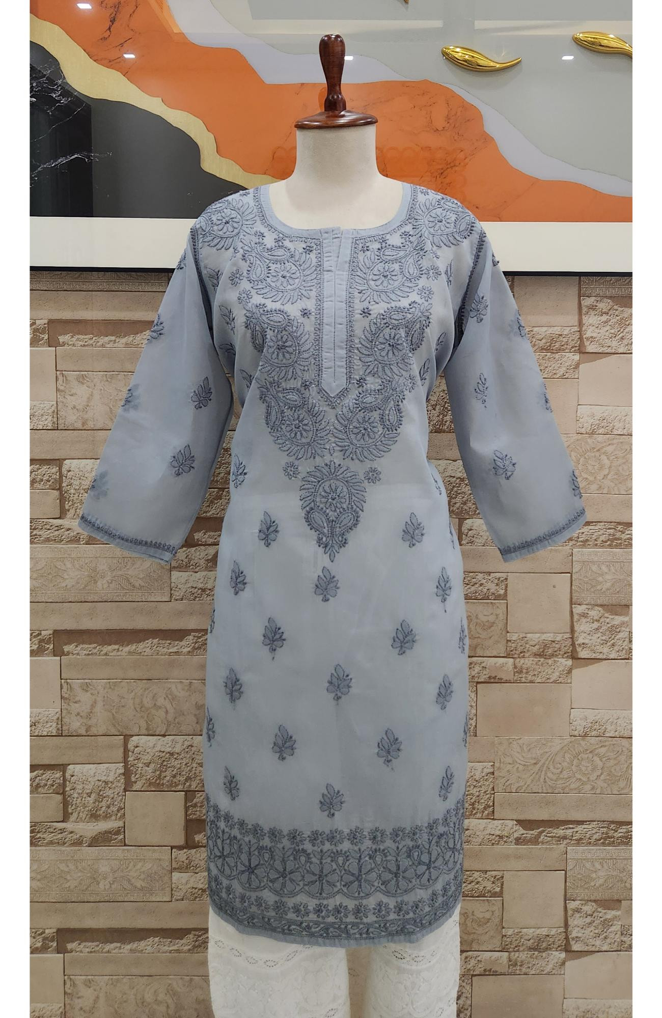 Grey Cotton  Hand Embroidered Chikankari Kurti