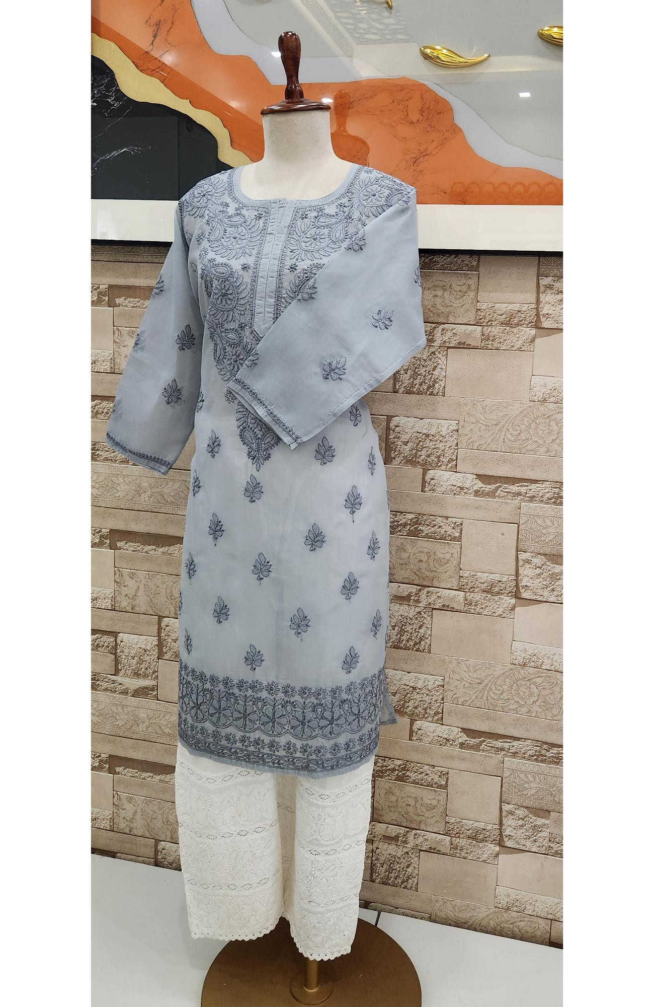 Grey Cotton  Hand Embroidered Chikankari Kurti
