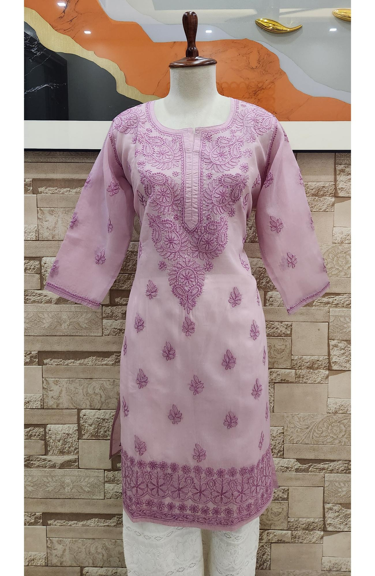 Onion Pink Cotton  Hand Embroidered Chikankari Kurti