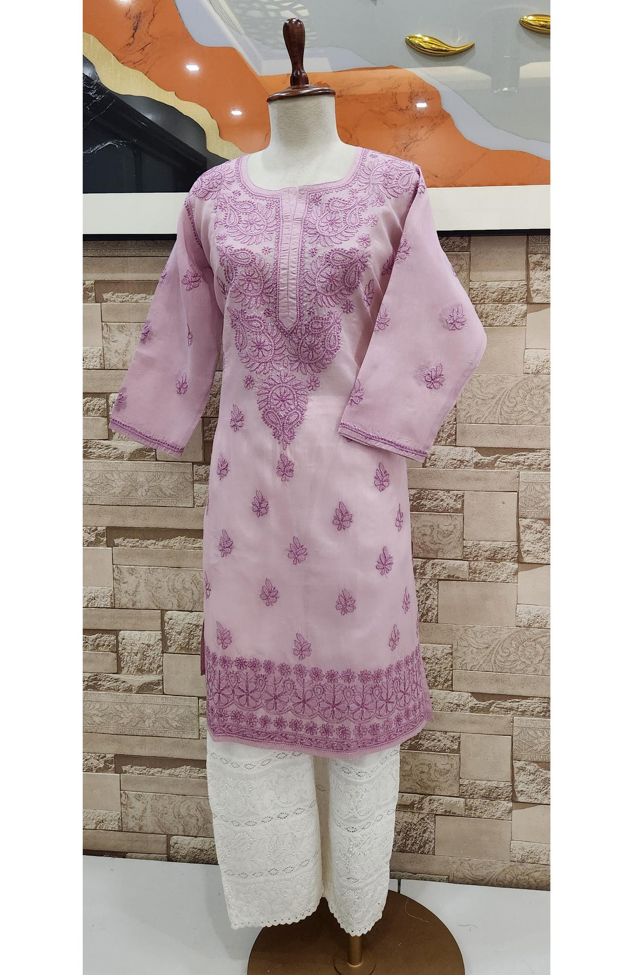 Onion Pink Cotton  Hand Embroidered Chikankari Kurti