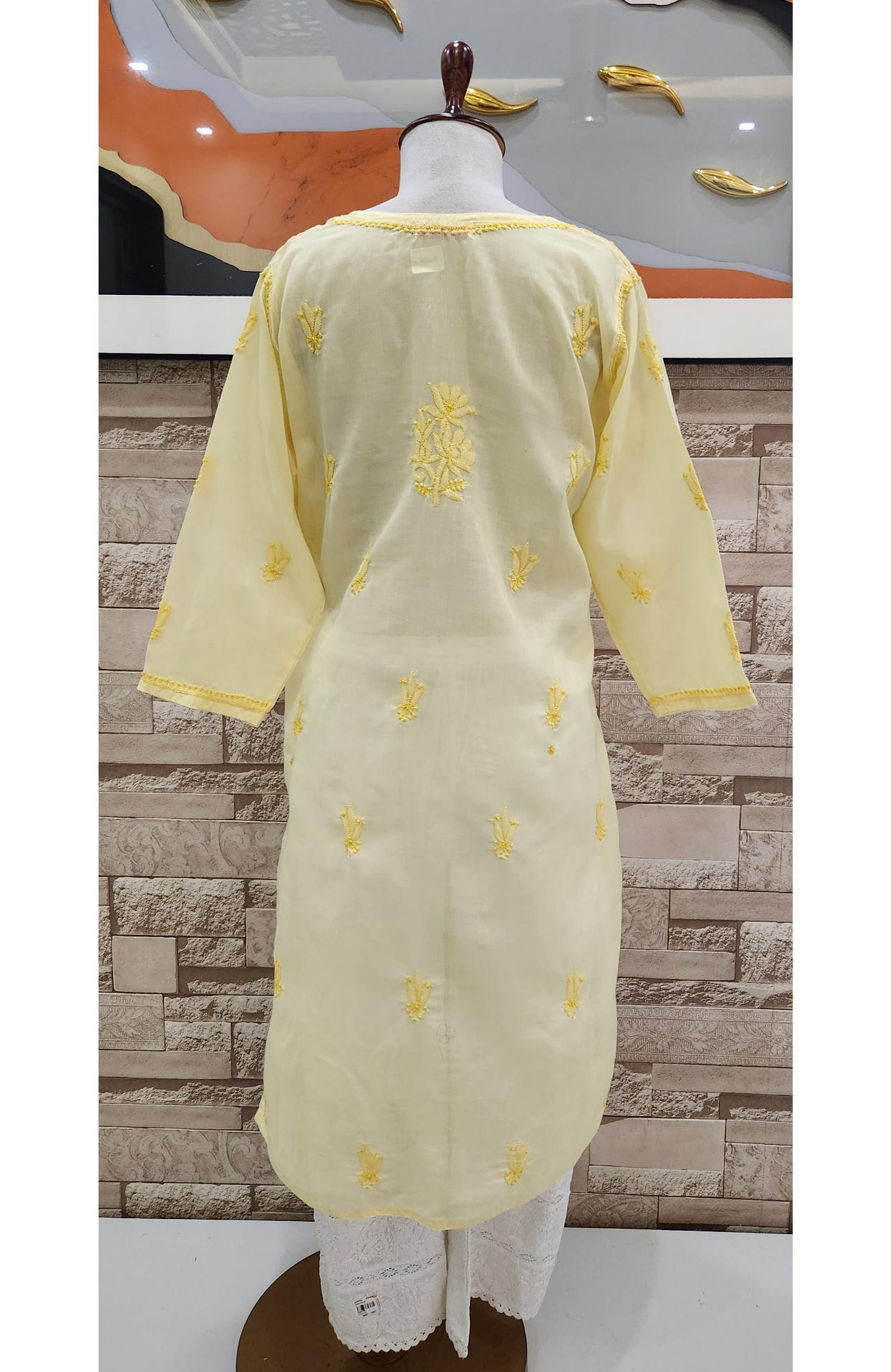 Yellow Cotton  Hand Embroidered Chikankari Kurti