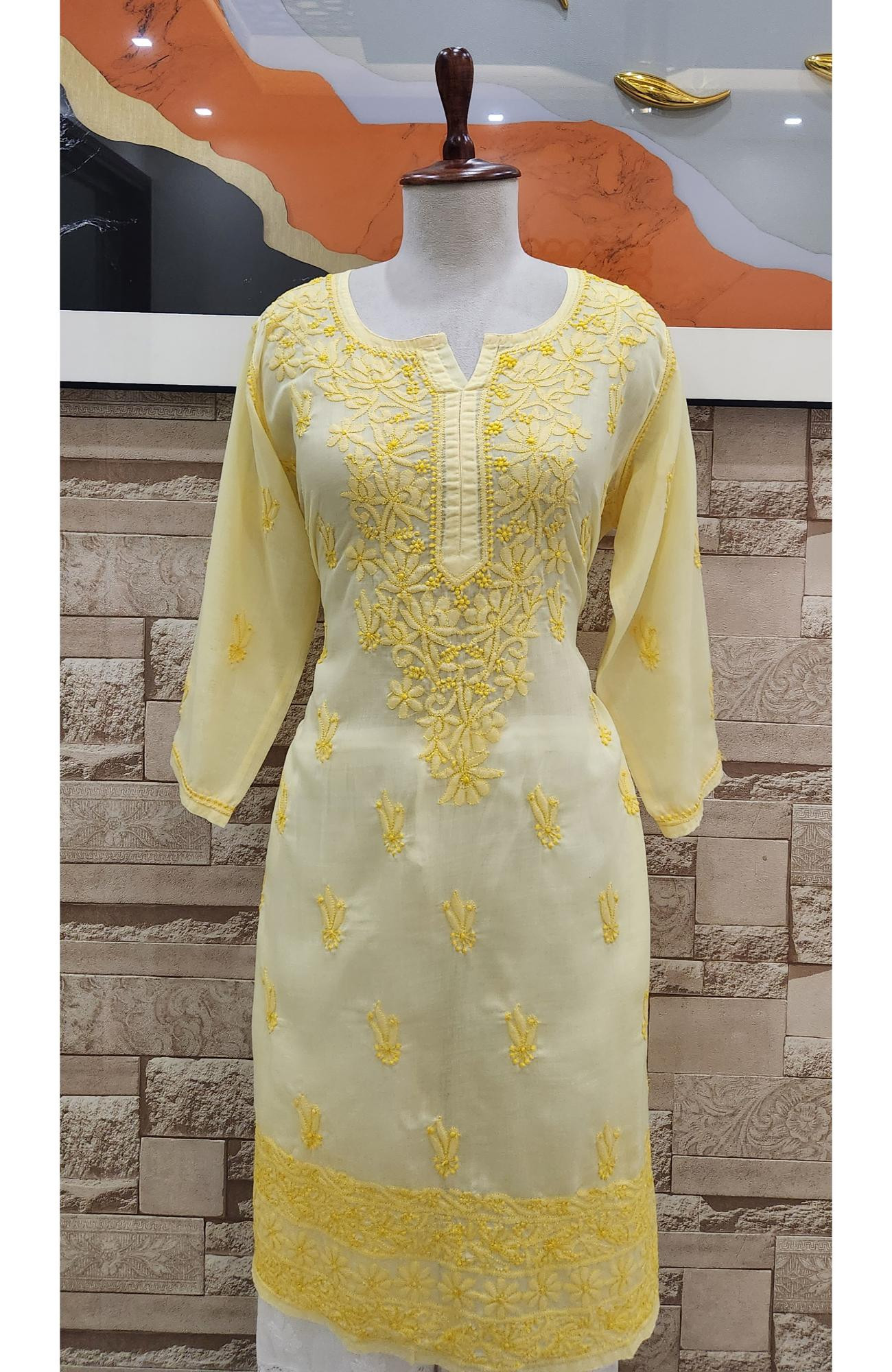 Yellow Cotton  Hand Embroidered Chikankari Kurti