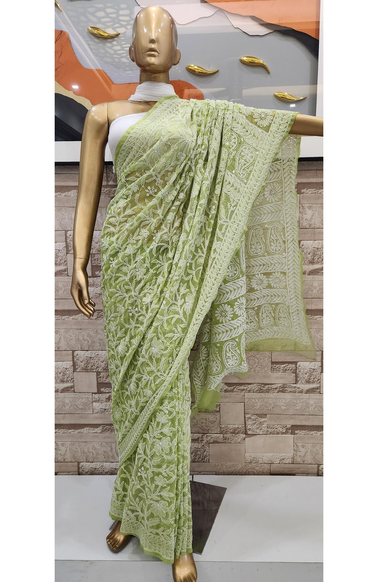 Green Faux Georgette Hand Embroidered Chikankari Saree