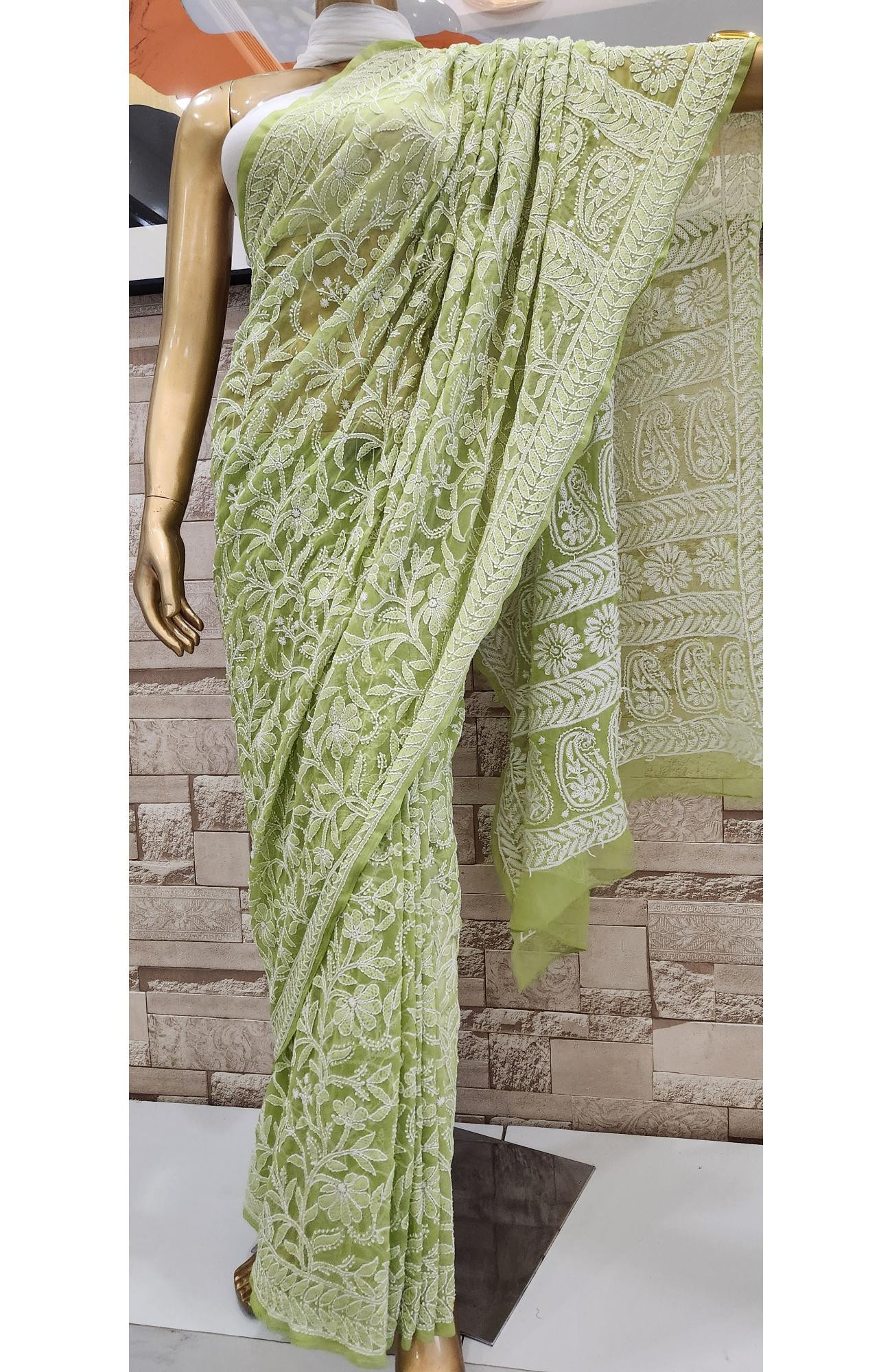 Green Faux Georgette Hand Embroidered Chikankari Saree