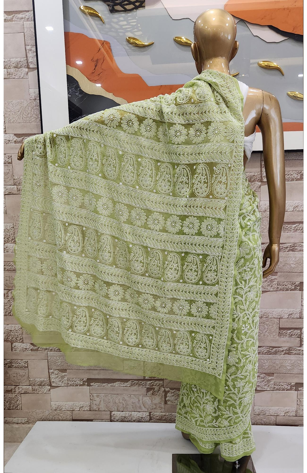 Green Faux Georgette Hand Embroidered Chikankari Saree
