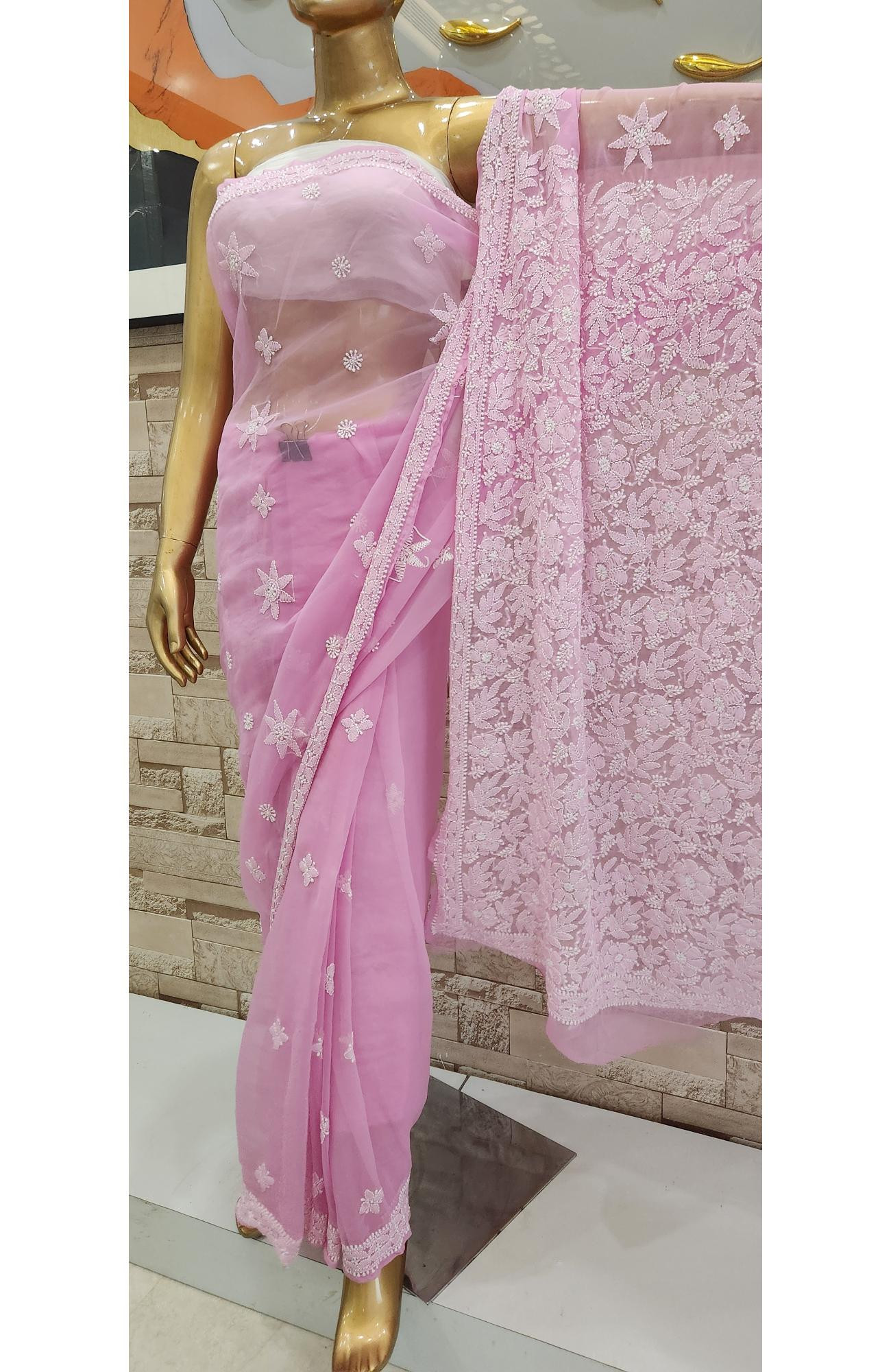 Pink Faux Georgette Hand Embroidered  Chikankari Saree