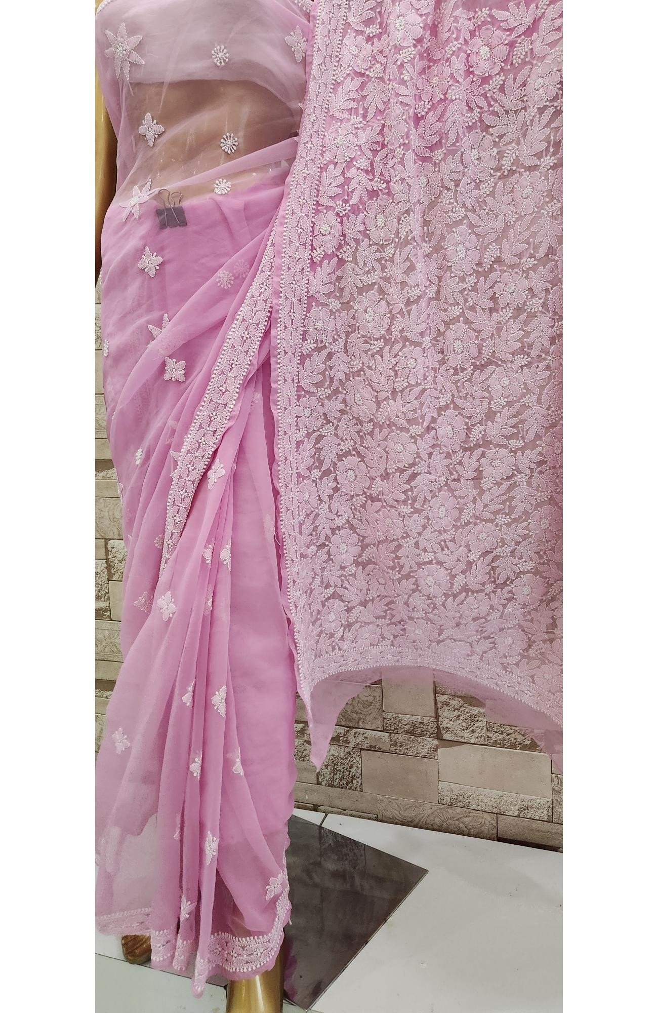 Pink Faux Georgette Hand Embroidered  Chikankari Saree