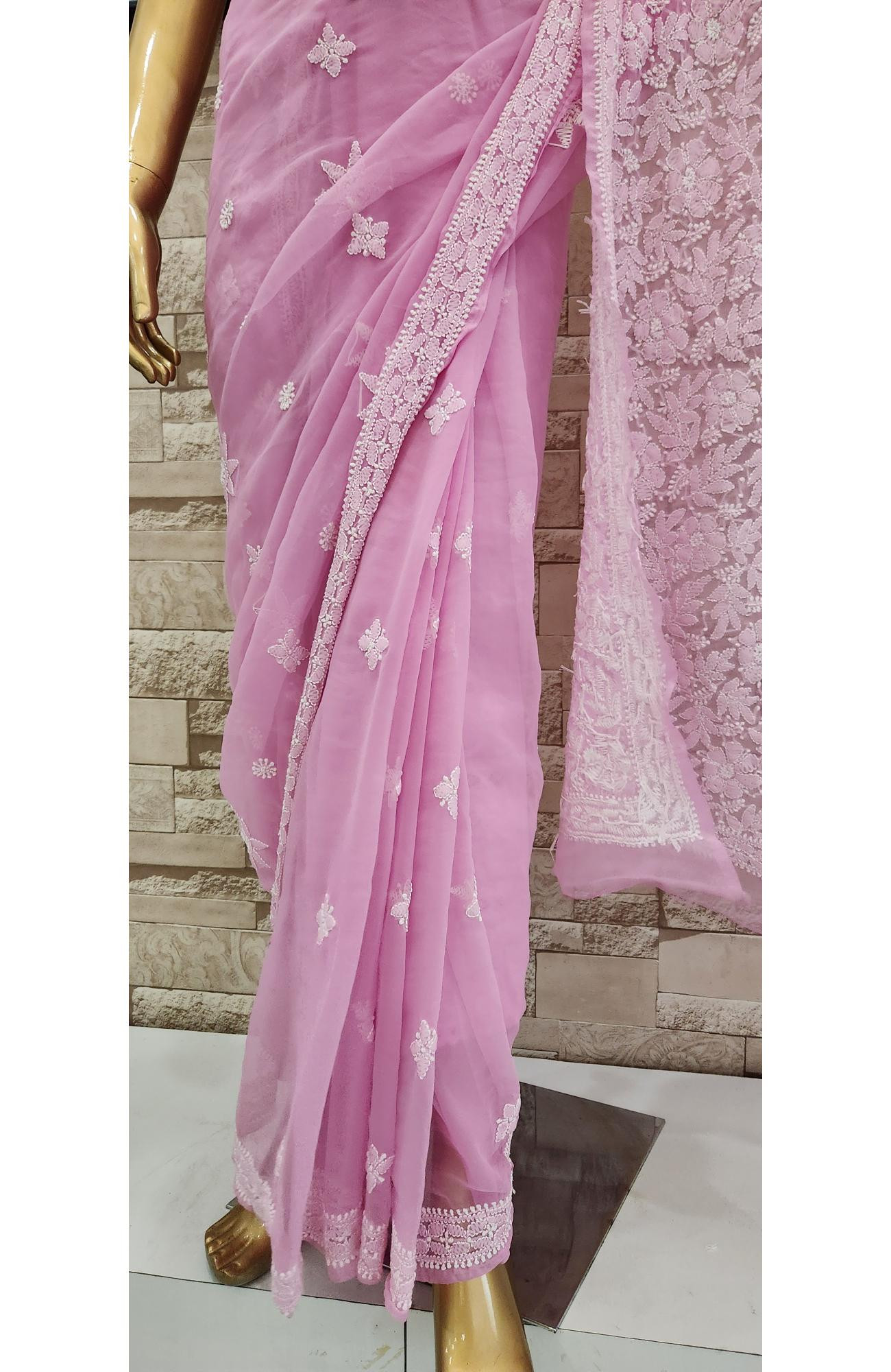 Pink Faux Georgette Hand Embroidered  Chikankari Saree