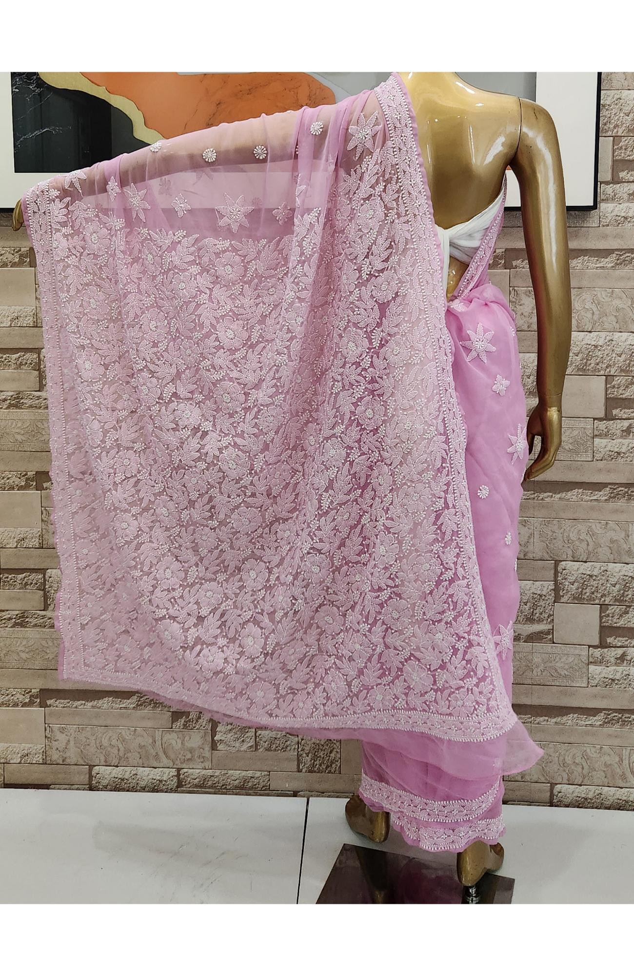Pink Faux Georgette Hand Embroidered  Chikankari Saree