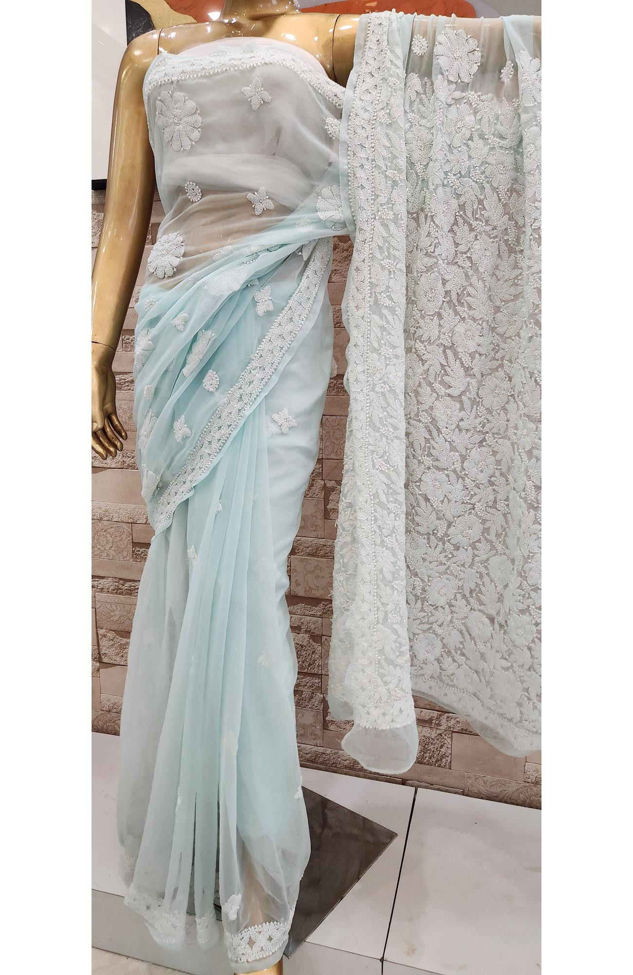 Sea Green Faux Georgette Hand Embroidered Chikankari  Saree