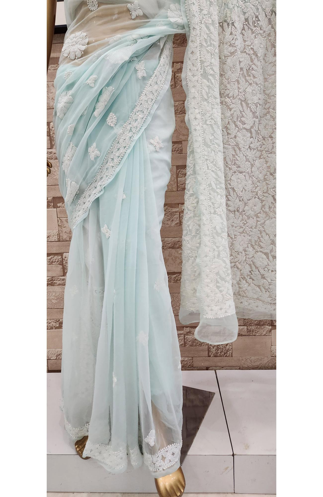 Sea Green Faux Georgette Hand Embroidered Chikankari  Saree