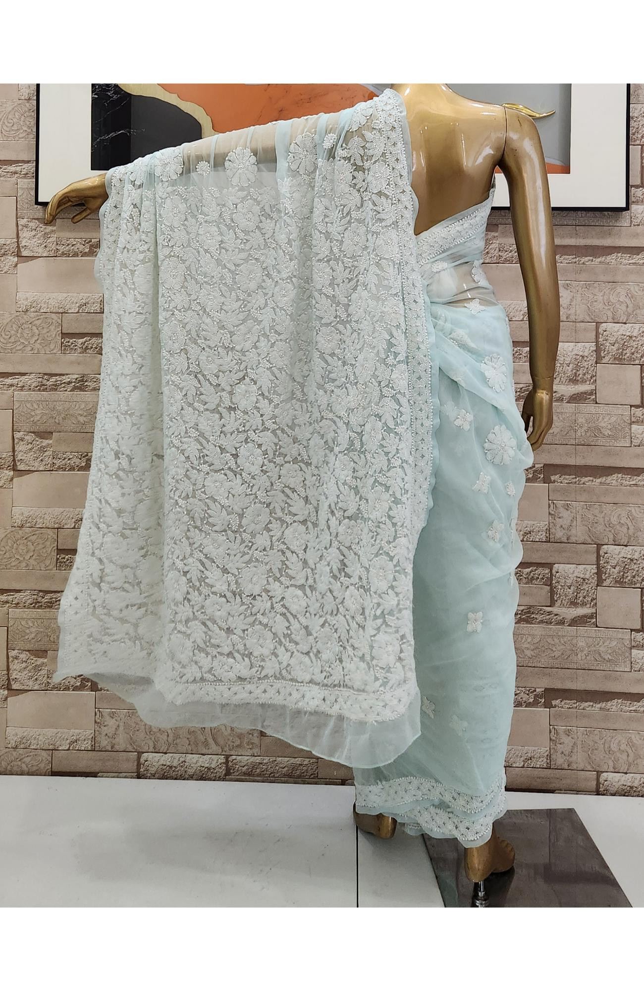 Sea Green Faux Georgette Hand Embroidered Chikankari  Saree